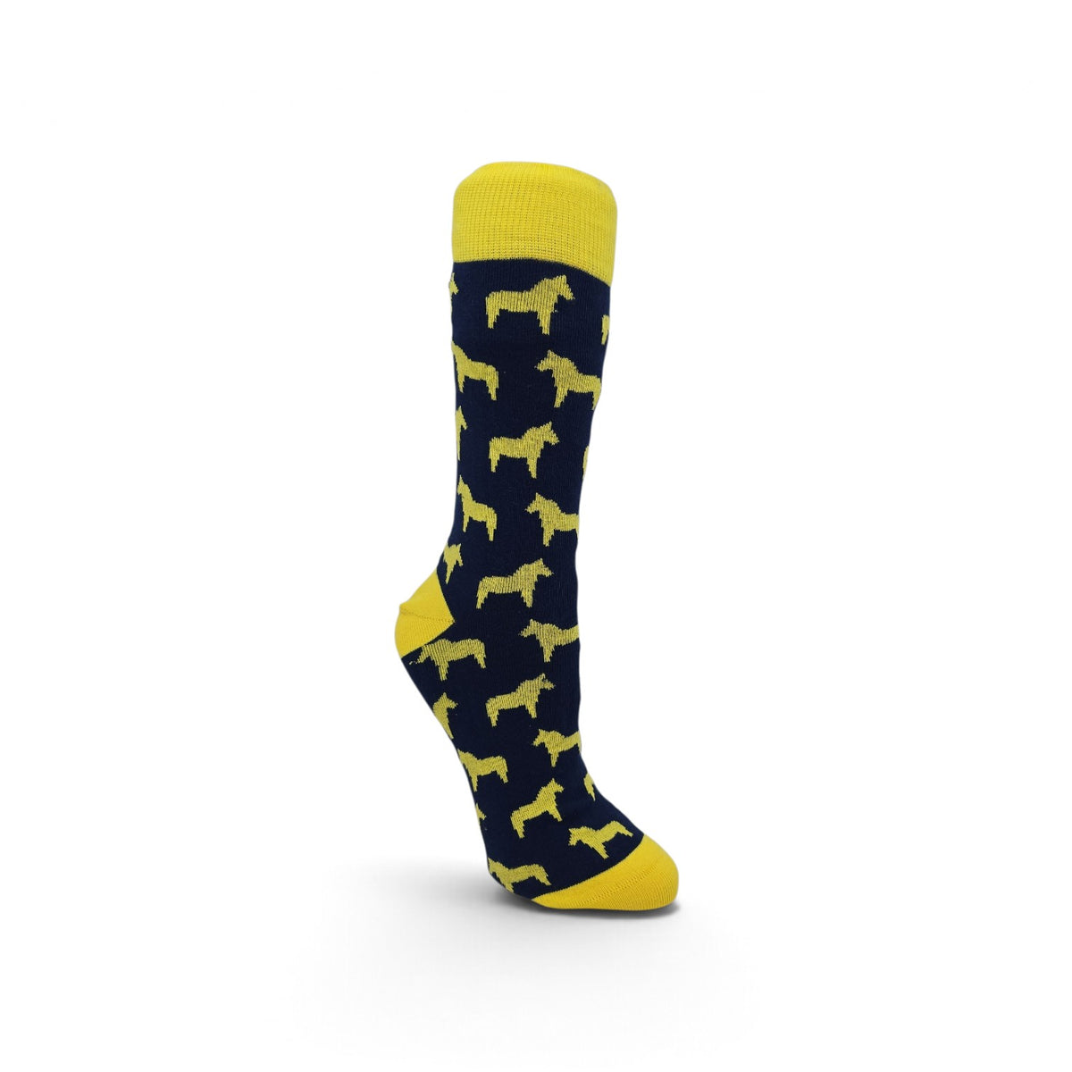 Navy blue sock with yellow heel, toe, and cuff, featuring a repeating yellow dog pattern. Sock is displayed against a white background.