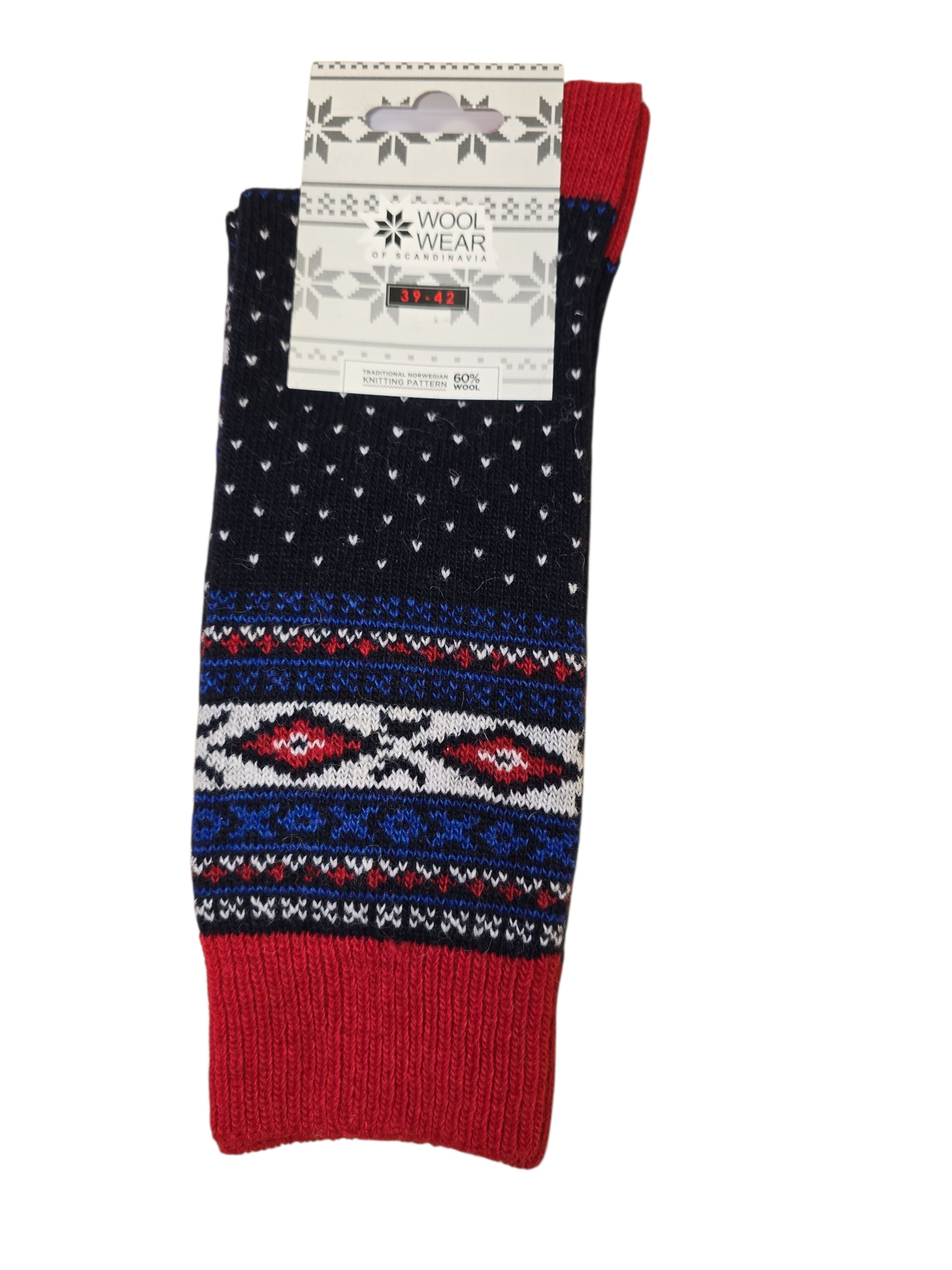 A pair of Wool Wear Scandi Knit Navy/Red socks (60% wool), featuring a navy, white, blue, and red Norwegian-inspired pattern with a label at the top.