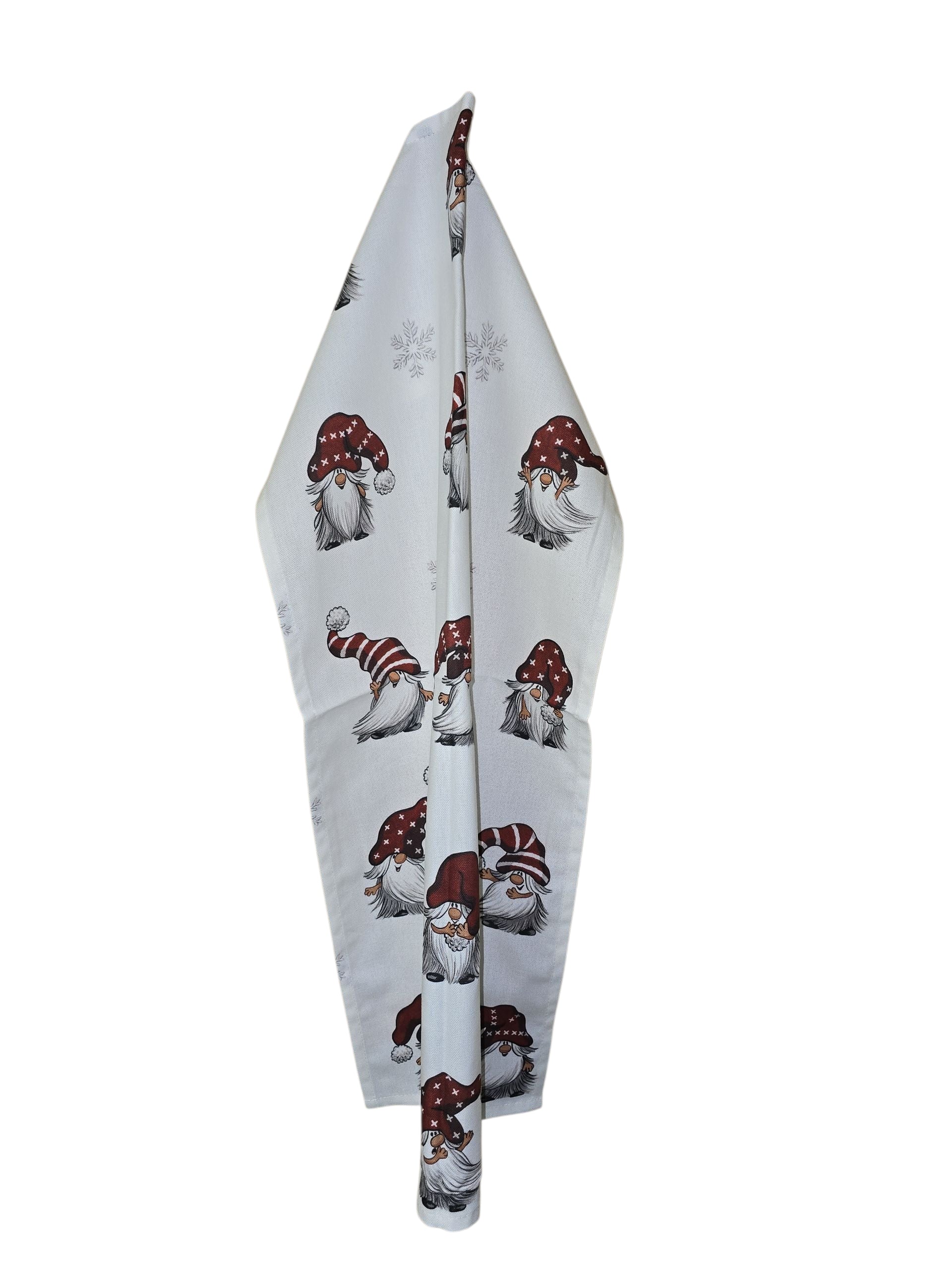 Julian White tea towel (17.5" x 29") featuring festive holiday Tomte gnomes in red hats with gray beards and light gray snowflakes—a charming addition to your kitchen décor this season.