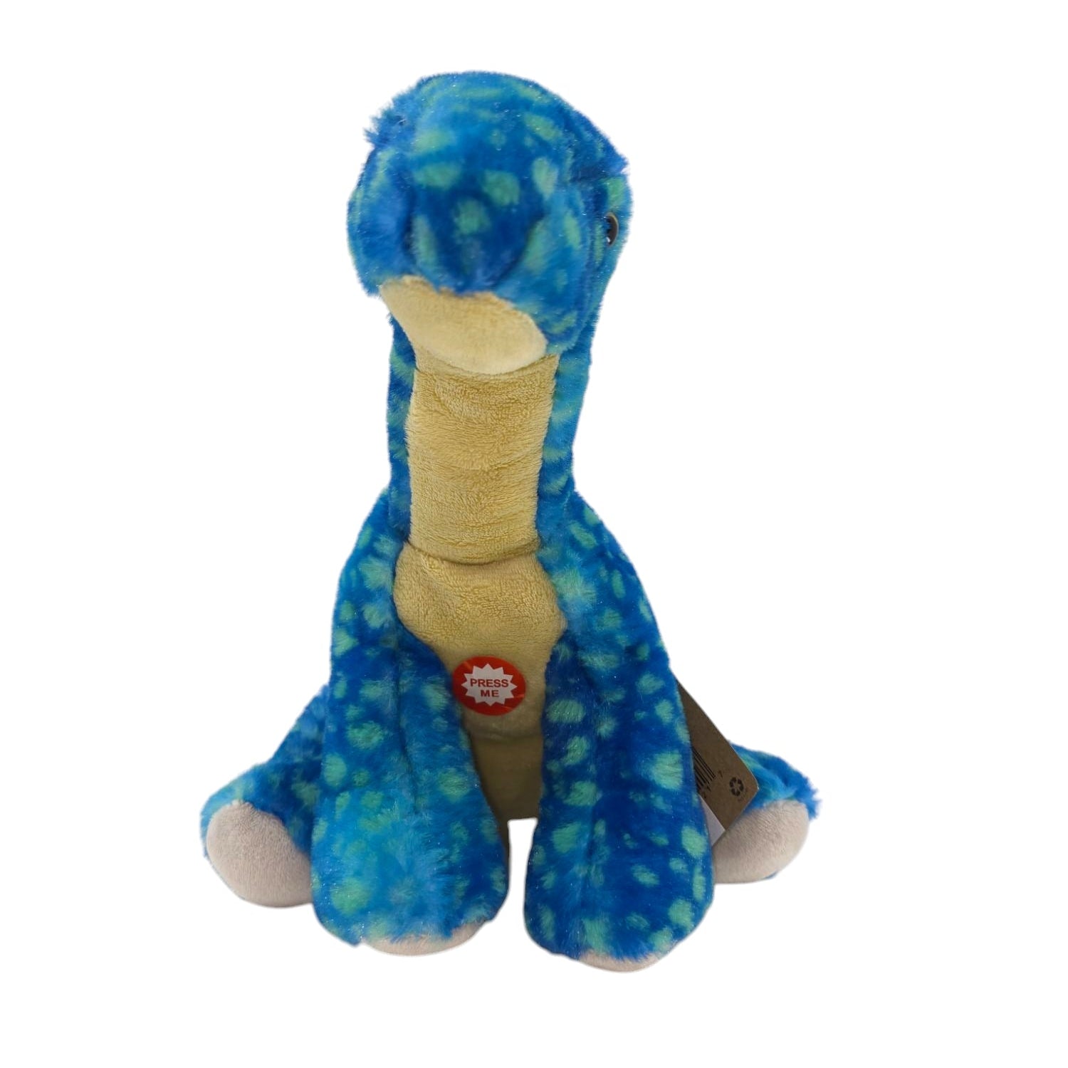 The Plush: Brachiosaurus w/ Roaring Sound 11 features blue and green spots, a long neck, beige underbelly, and adorable roaring sound, pictured sitting upright on a white background.