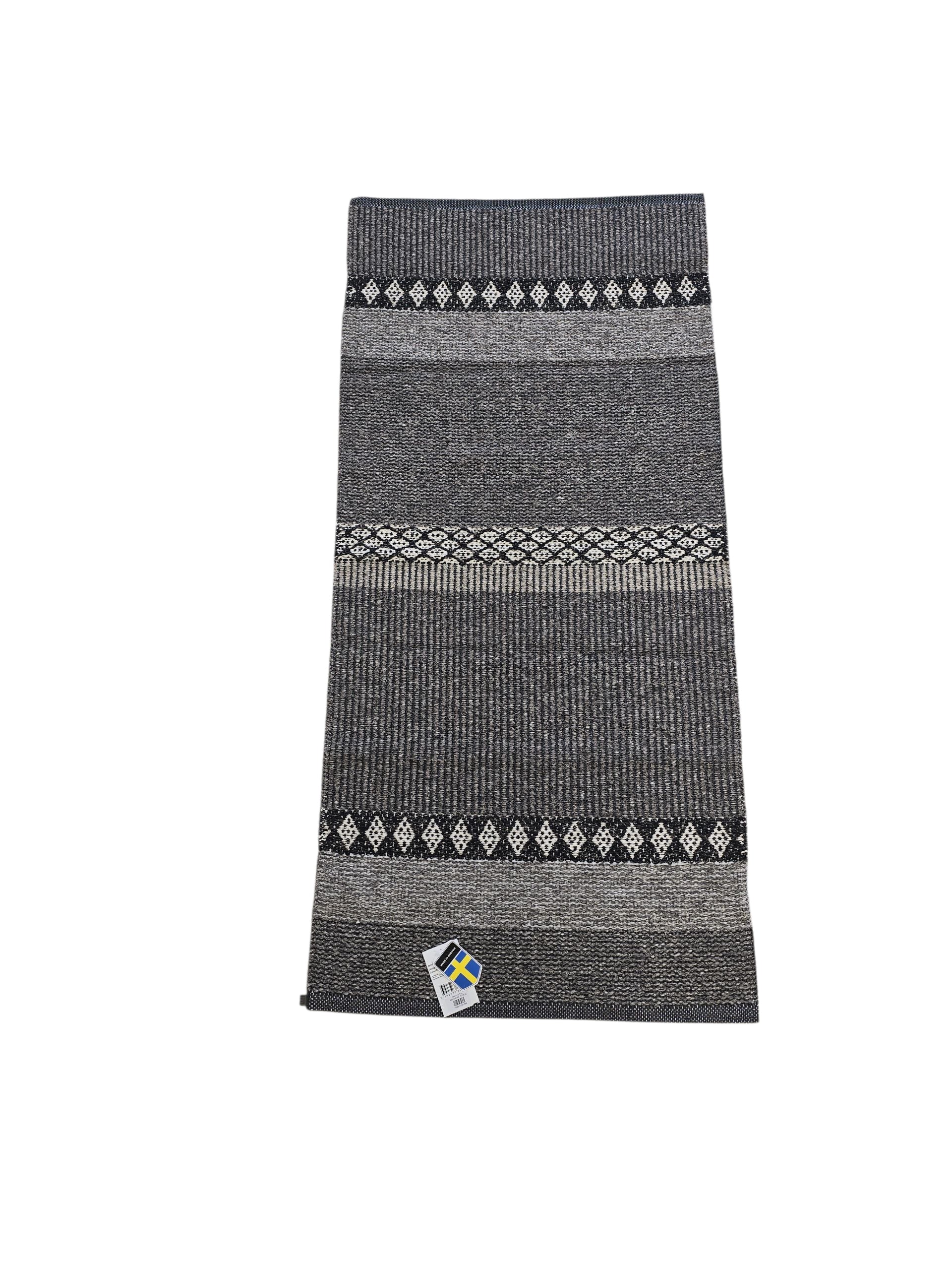 The Horredsmattan - Forest - Graphite is a rectangular cotton/vinyl rug with gray and black geometric patterns and a small tag by one edge, shown on a white background.