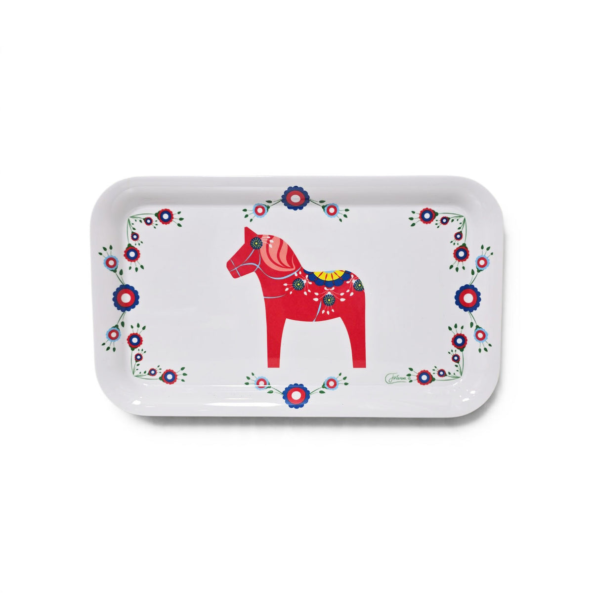 White rectangular melamine tray with a red Swedish Dala horse in the center and a floral border.