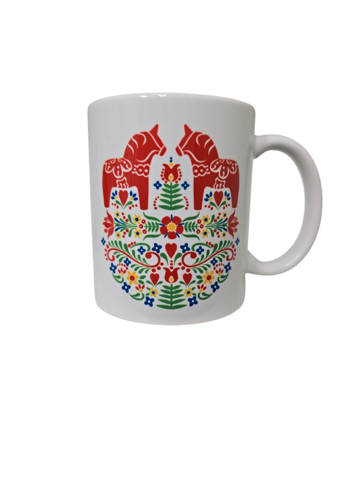The Swedish Gift Store's 11oz ceramic mug features two red Dala Horses amid colorful Swedish folk flowers and leaves, inspired by Scandinavian design.
