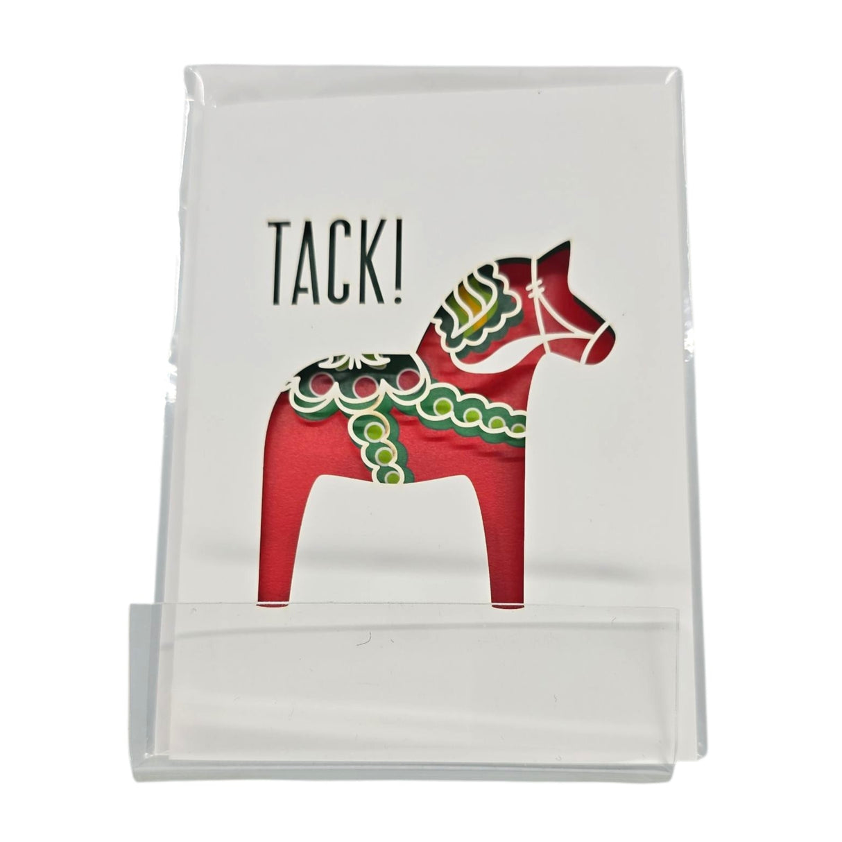 Card: Tack! Swedish Thank You Card – Laser-Cut Dala Horse Design features "TACK!" above a red laser-cut Dala horse on white card stock, displayed upright in a clear stand—a charming way to say thank you.