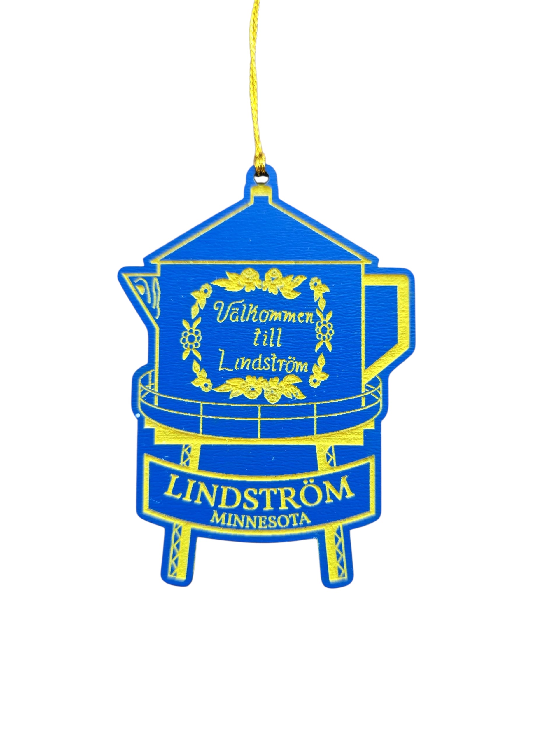 The Ornament: Valkommen to Lindstrom - Lindstrom Coffee Pot Water Tower is a blue & yellow laser engraved wood ornament featuring Välkommen till Lindström and Lindstrom Minnesota, shaped like the coffee pot with a hanging loop.