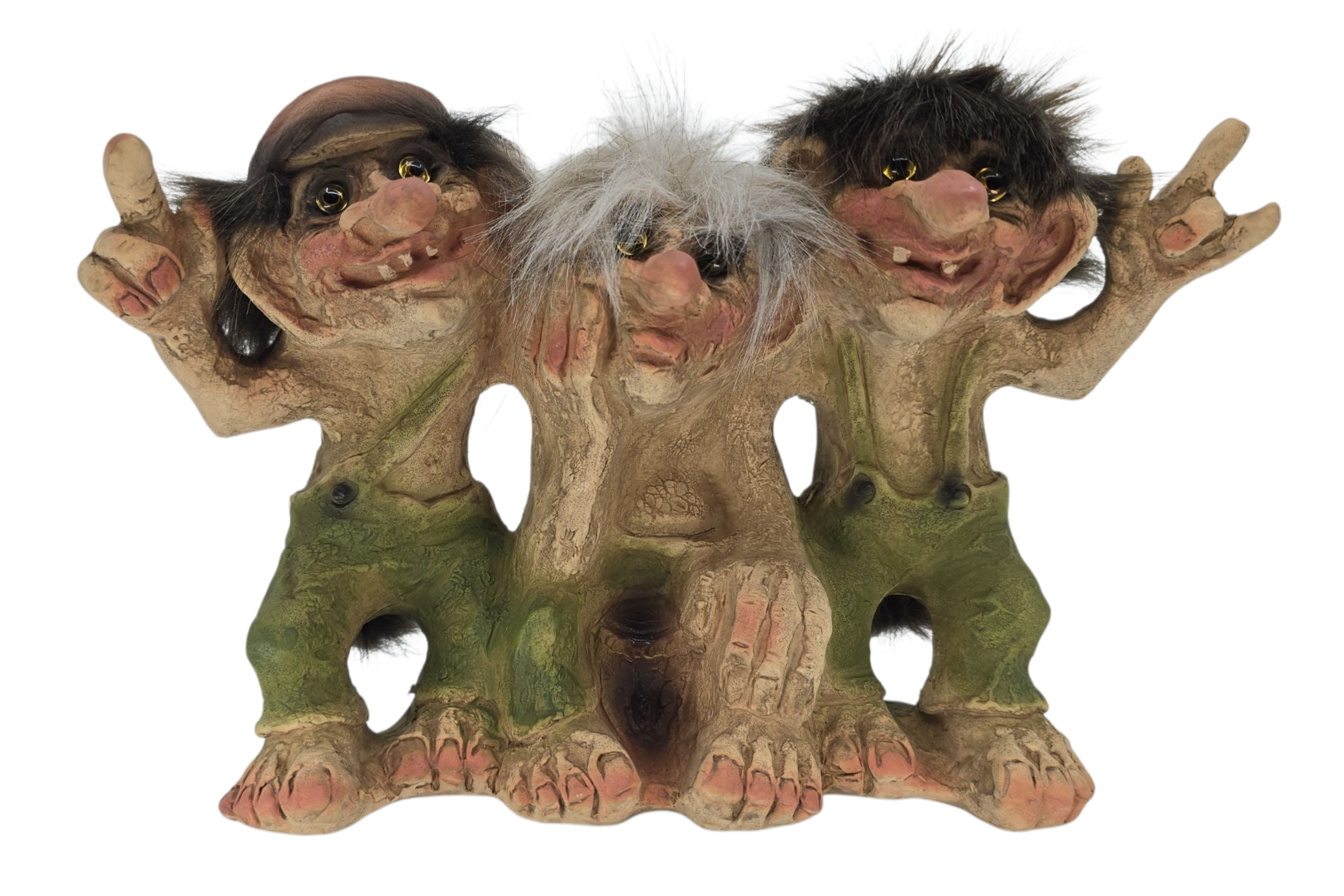 The “Three Pals” Troll Figurine by NyForm features three smiling trolls with exaggerated features and green clothes, standing arm-in-arm—a charming 6.8" H × 11" L × 4" D collectible of original Norwegian design.