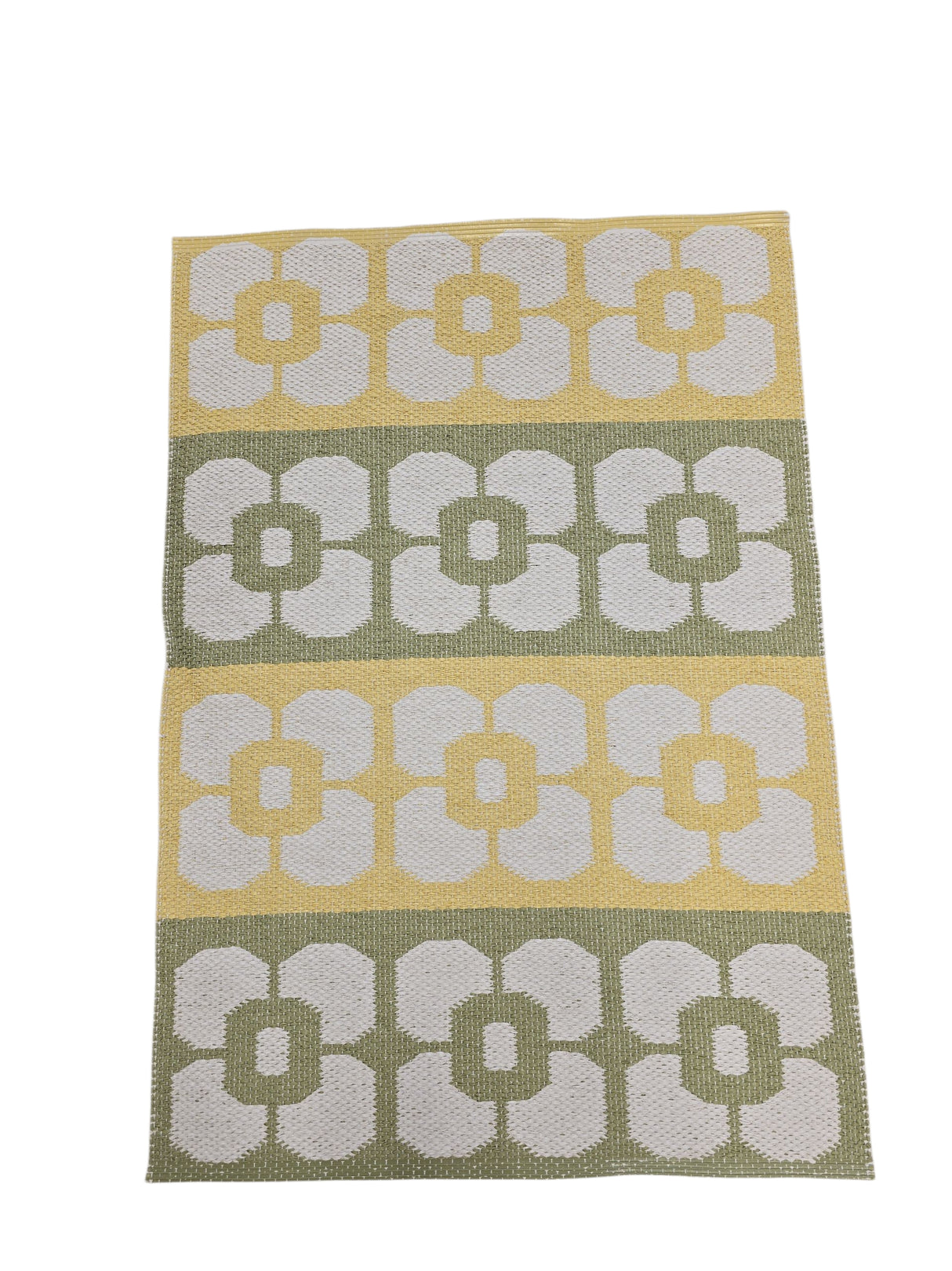 The Horredsmattan Florian Yellow, Green, & White vinyl rug features rows of white floral patterns on alternating yellow and green backgrounds—an eco-friendly Swedish rug that blends style with practicality.
