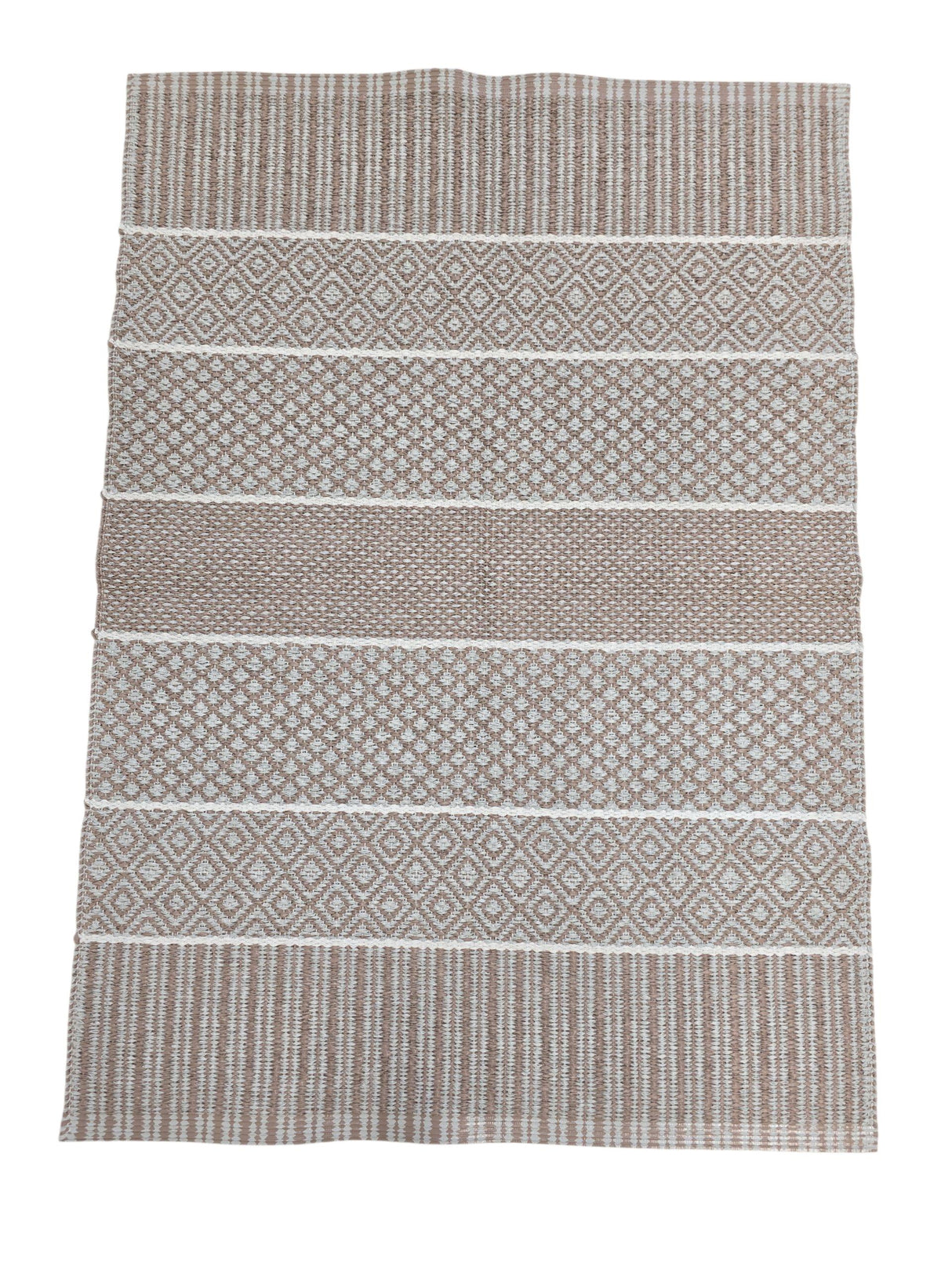 The Horredsmattan Alfie Heather vinyl rug features alternating geometric bands in beige and white, shown flat on a white background.