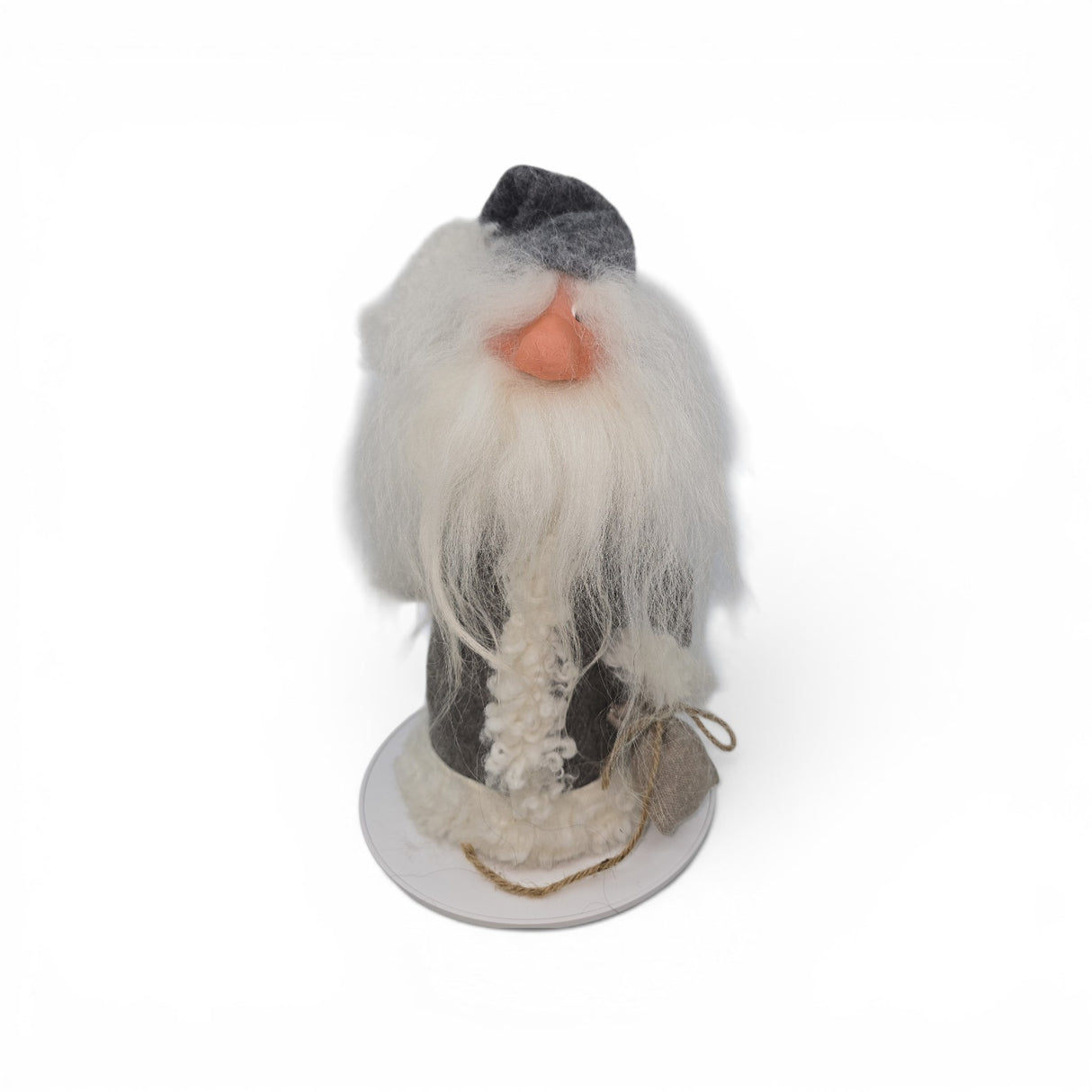 A 12" tall "Tomte with Robe" gnome figurine by Gumselids of Sweden for Talla Imports, featuring a long white beard and dressed in a gray hat and coat, stands on a wooden base holding a burlap bag against a plain white background, evoking the charm of Scandinavian folklore decor reminiscent of Swedish tomte traditions.