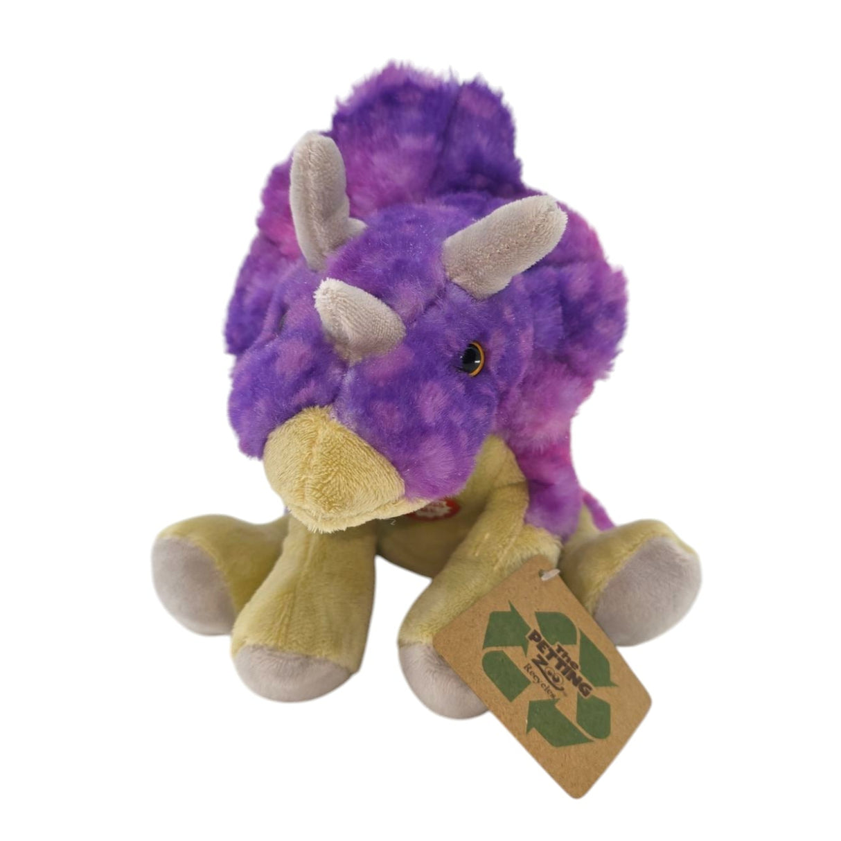 The Plush: Triceratops w/ Roaring Sound is an 8 long purple and yellow dinosaur toy with a recycled symbol tag on its foot, shown against a plain white background.