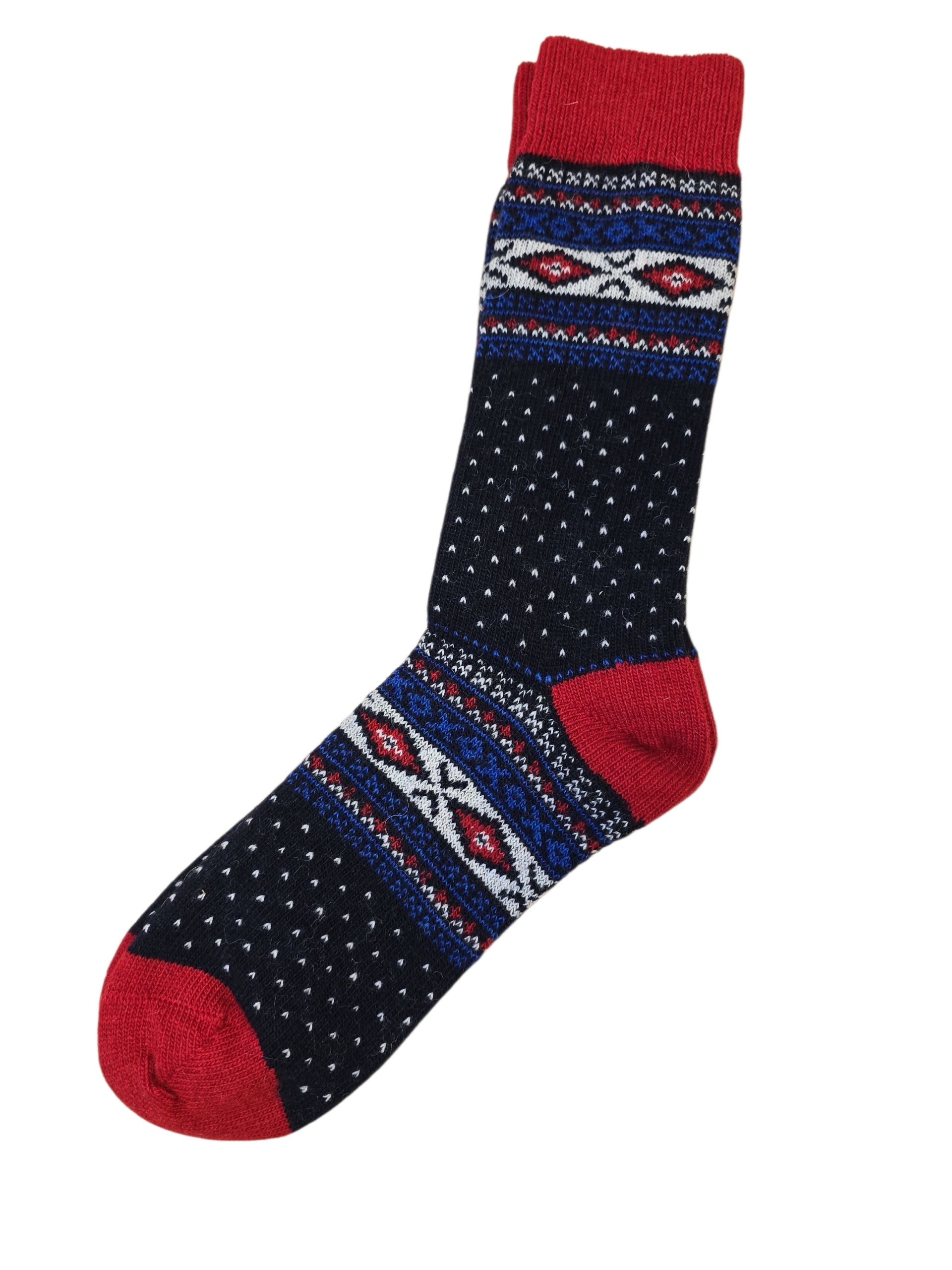 Socks: Wool Wear - Scandi Knit Navy/Red 60% Wool Socks feature a navy base with red heel, toe, and cuff, adorned with white dots and red, white, and blue geometric patterns inspired by classic Norwegian designs.