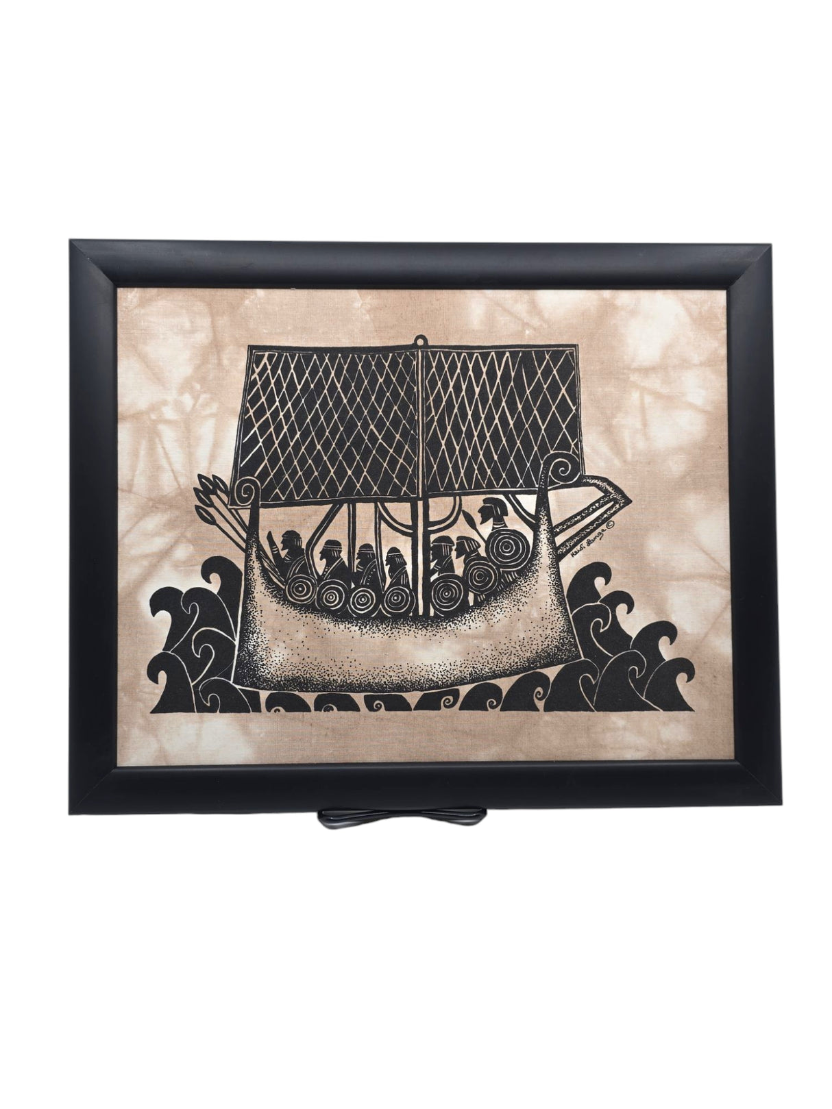 Framed artwork titled Viking Ship by Heidi Lange, featuring a Viking ship with rowers and sails on stylized waves, in a 15x12 black frame.