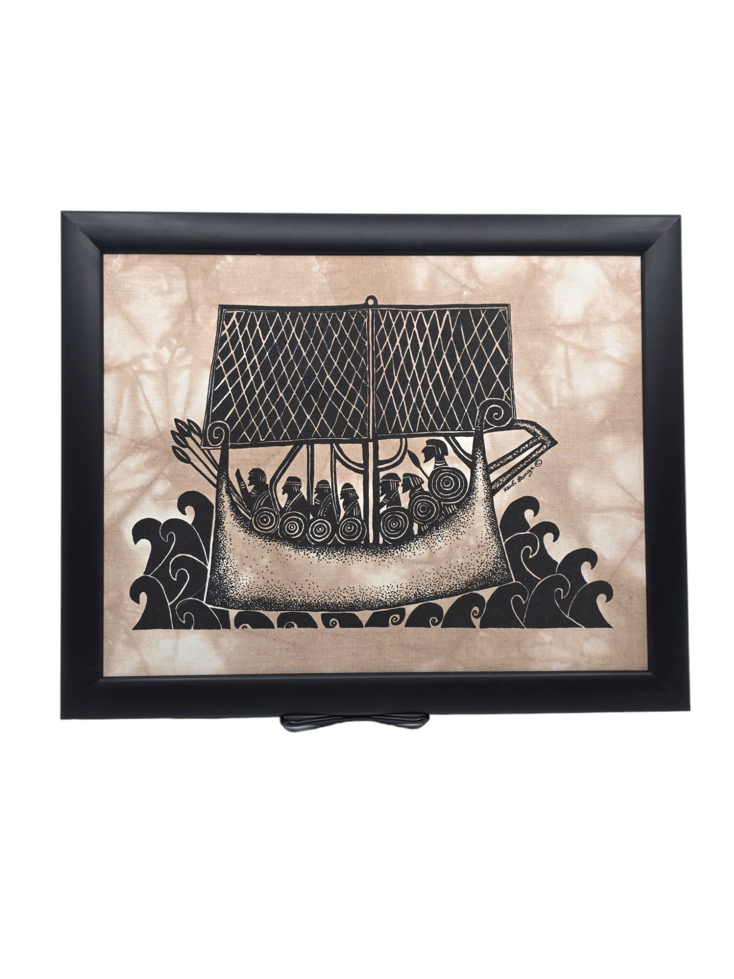 Framed artwork titled Viking Ship by Heidi Lange, featuring a Viking ship with rowers and sails on stylized waves, in a 15x12 black frame.