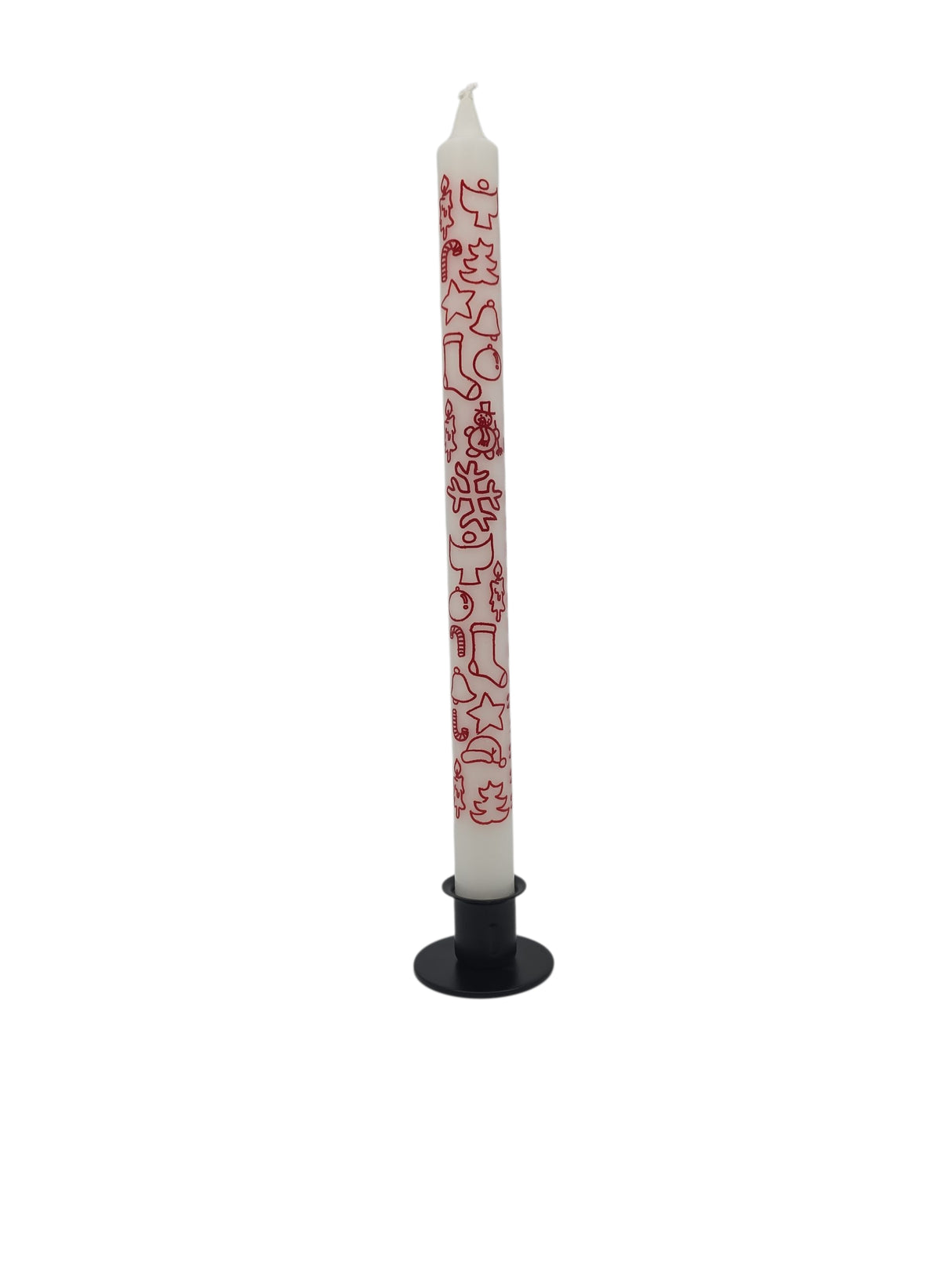 The Candle: Advent Taper Candle – White with Red Print (12" Tall), inspired by Danish Christmas traditions, stands upright in a small black holder against a white background.