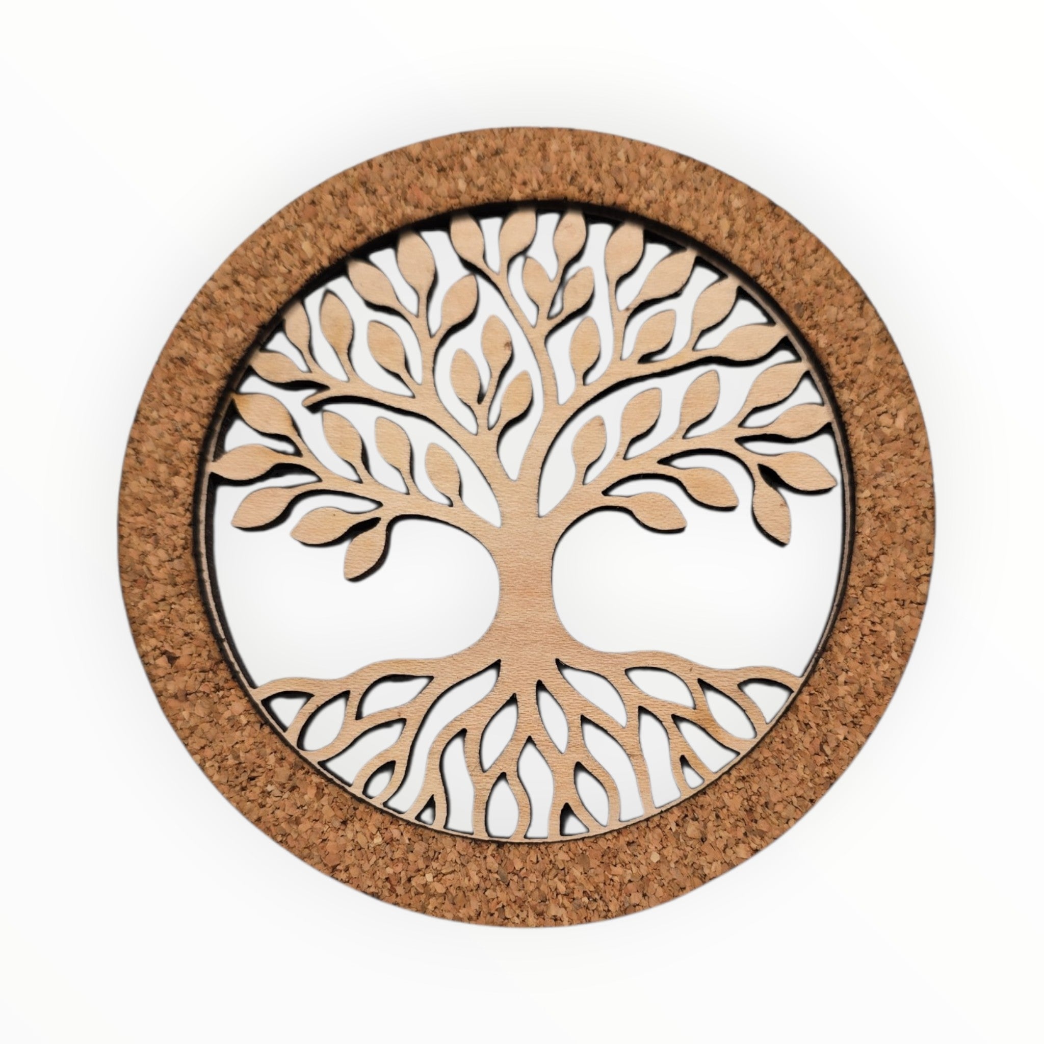 The Coaster: Tree of Life Laser Cut from Wood with a cork back (4" diameter) features an intricate cut-out tree design with detailed branches and roots.