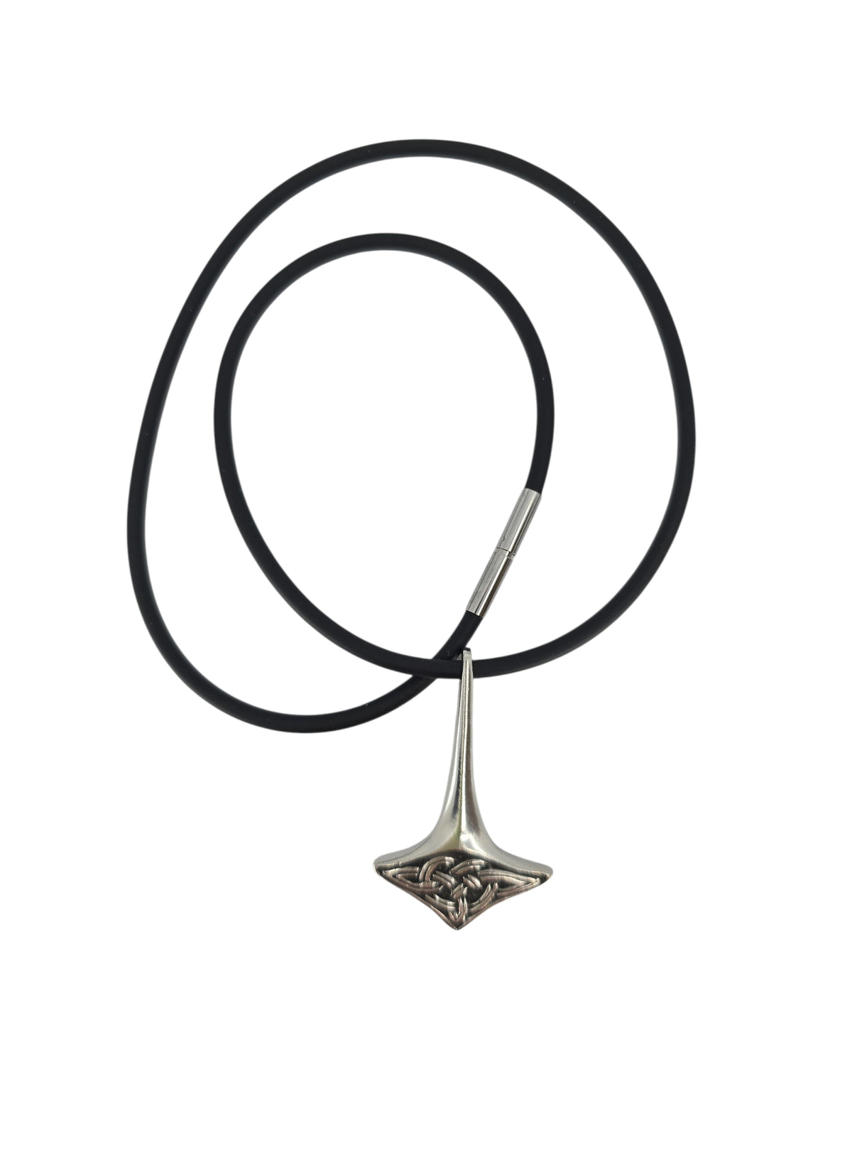 A black rubber chain necklace featuring a Thor’s Hammer pewter pendant, inspired by Norse mythology, crafted by Hillestad of Norway.