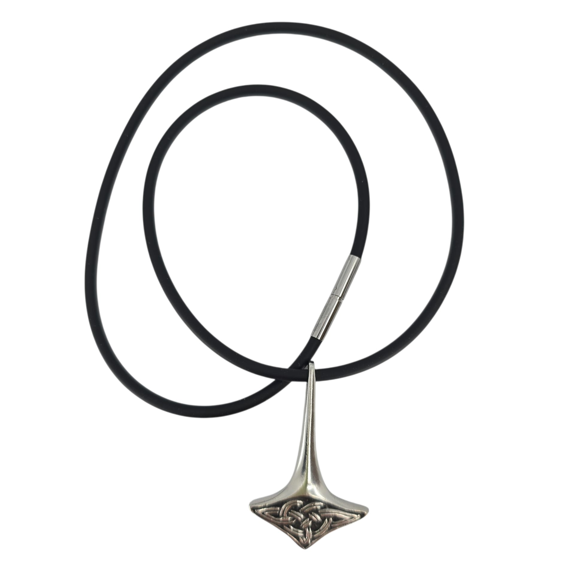 A black rubber chain necklace featuring a pewter Thor’s Hammer pendant with intricate detailing, inspired by Norse mythology jewelry—Necklace: Thor’s Hammer Pewter Pendant with Black Rubber Chain from Hillestad of Norway.