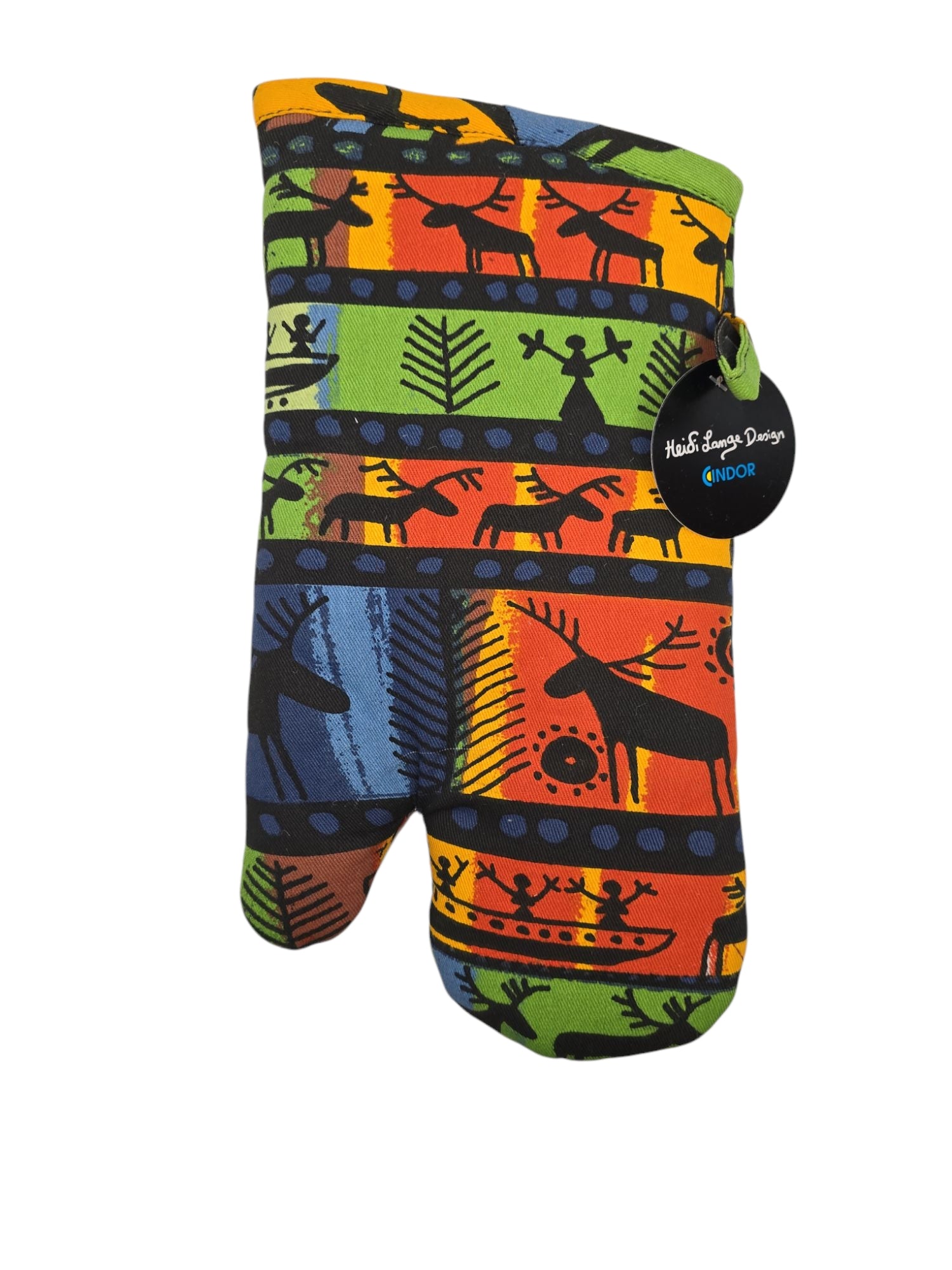 The Oven Mitt: Sami Drawings by Heidi Lange features a vibrant pattern inspired by Sami drawings—moose, trees, and geometric shapes in blue, green, yellow, orange, and red—with a black and white tag attached.