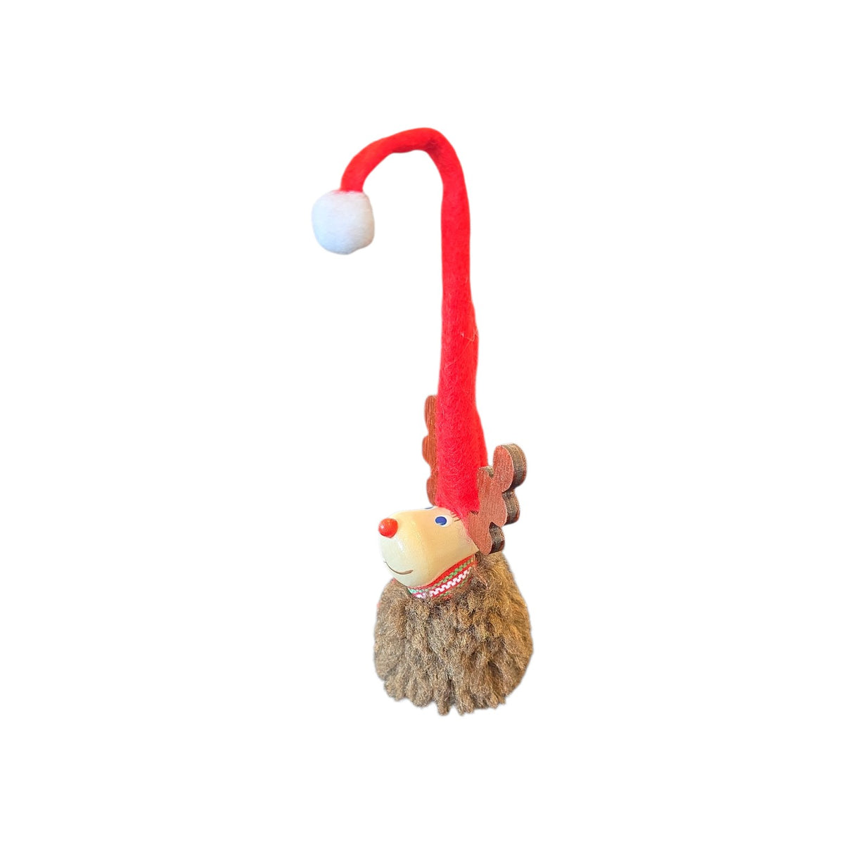 Swedish reindeer figurine with a tall red hat, antlers, and a fuzzy brown body.