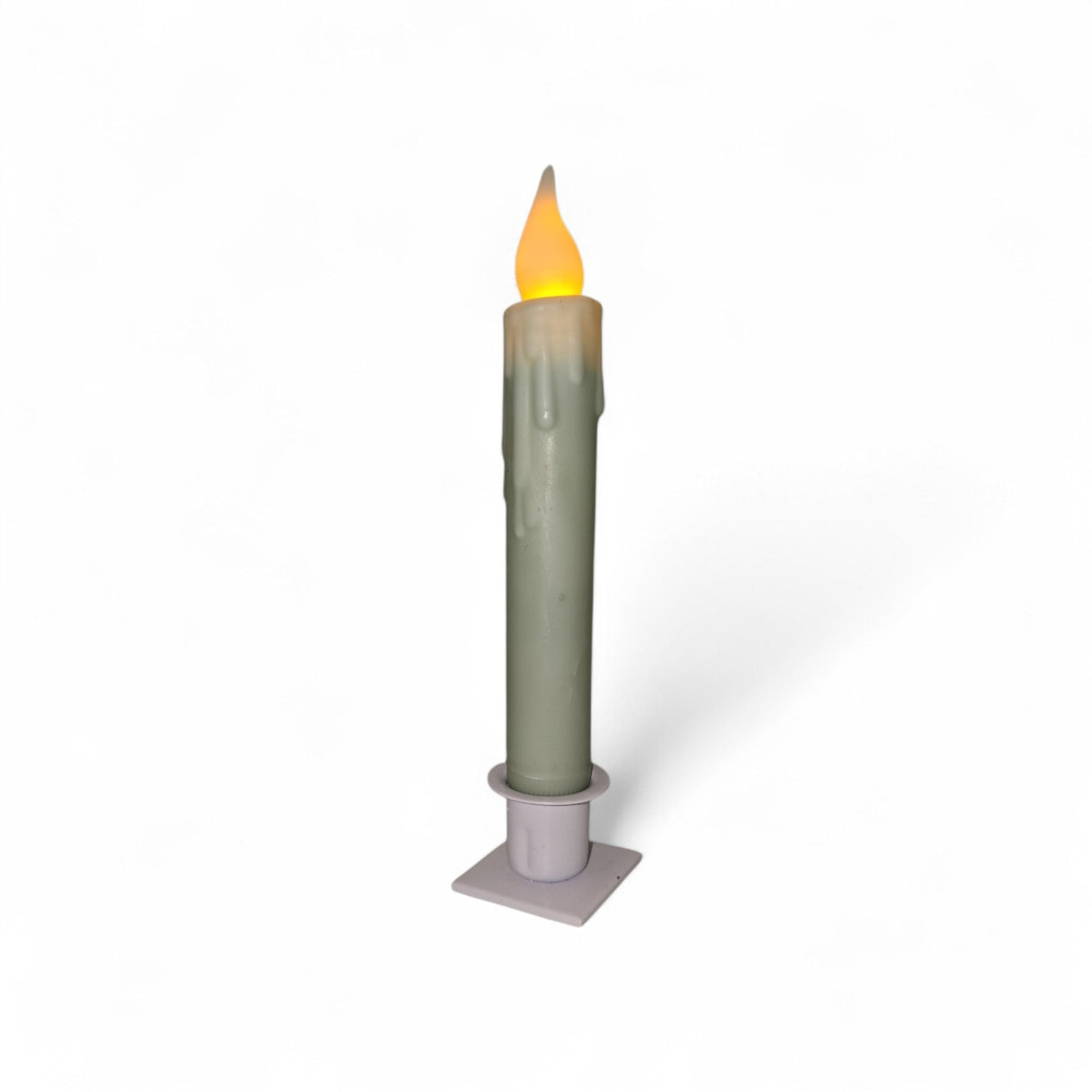The Candle: Hand-Dipped Beeswax 7" Tapered LED Light is a battery-operated timer candle featuring a yellow flame, beeswax-textured body, and white square base, perfect for adding charm against any plain background.