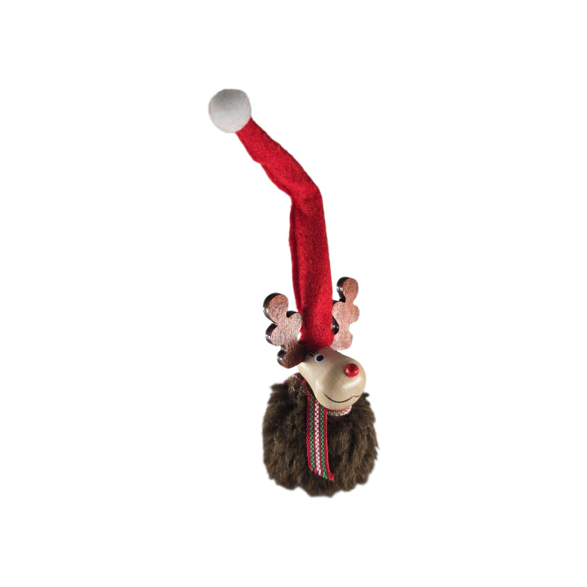Wooden Scandinavian moose ornament with a fluffy brown body, a red hat, and a striped scarf.