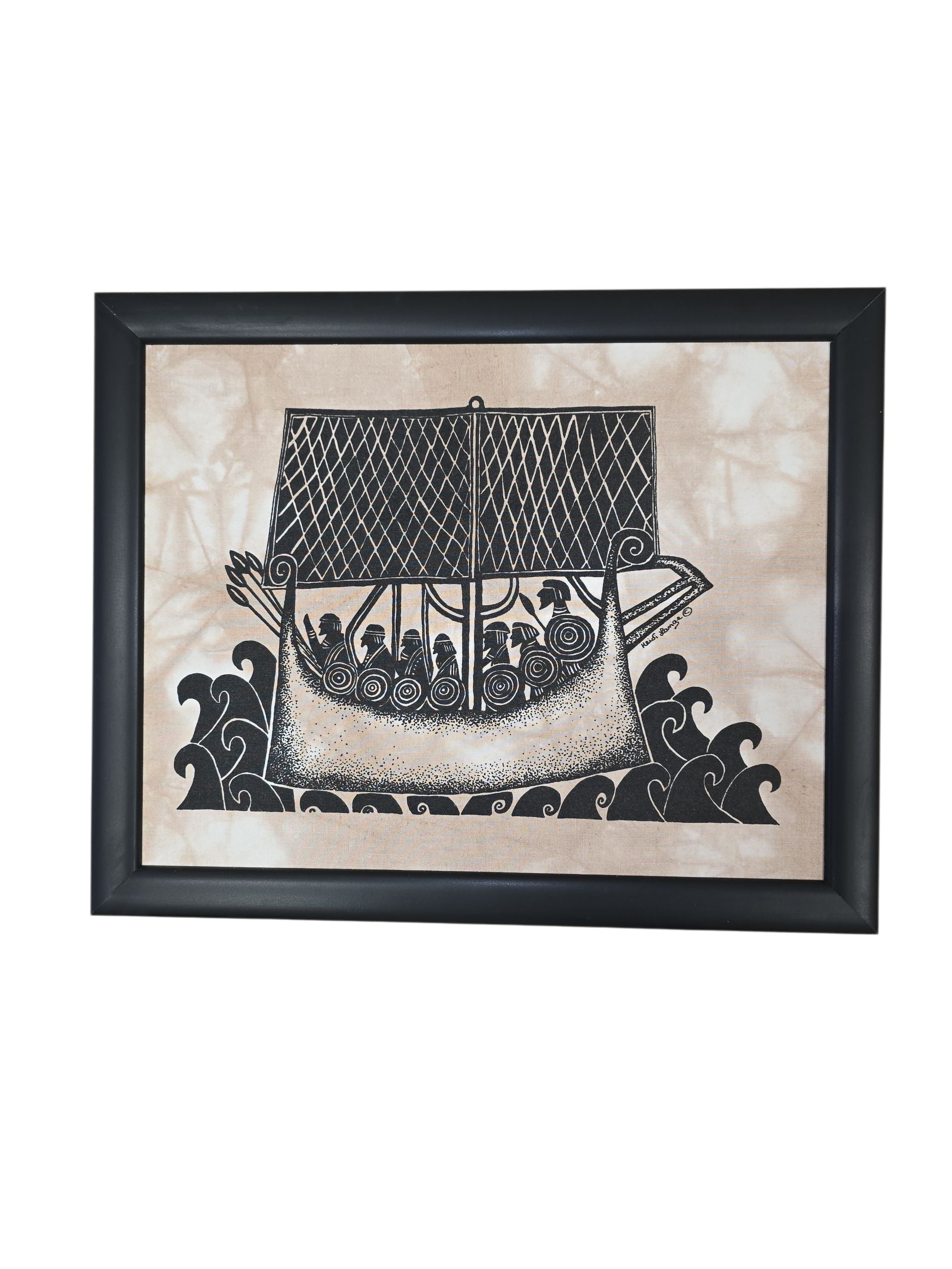 Artwork: "Viking Ship" Leif Eriksson Batik by Swedish artist Heidi Lange, framed (12"x15"), depicts an ancient vessel with oarsmen and sail on stylized waves in black and white.