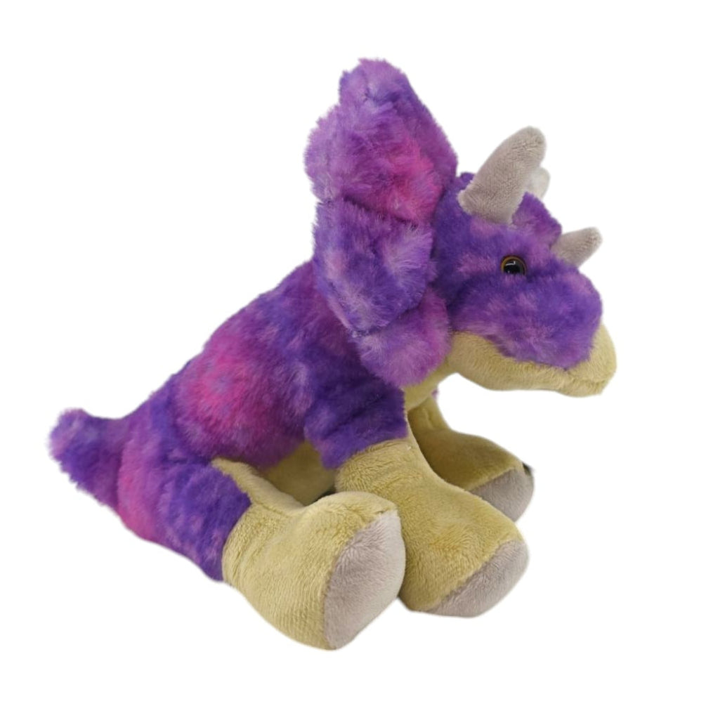 The Plush: Triceratops w/ Roaring Sound is an 8 long toy dinosaur with purple and pink fur, beige feet, small gray horns, and is shown on a white background.