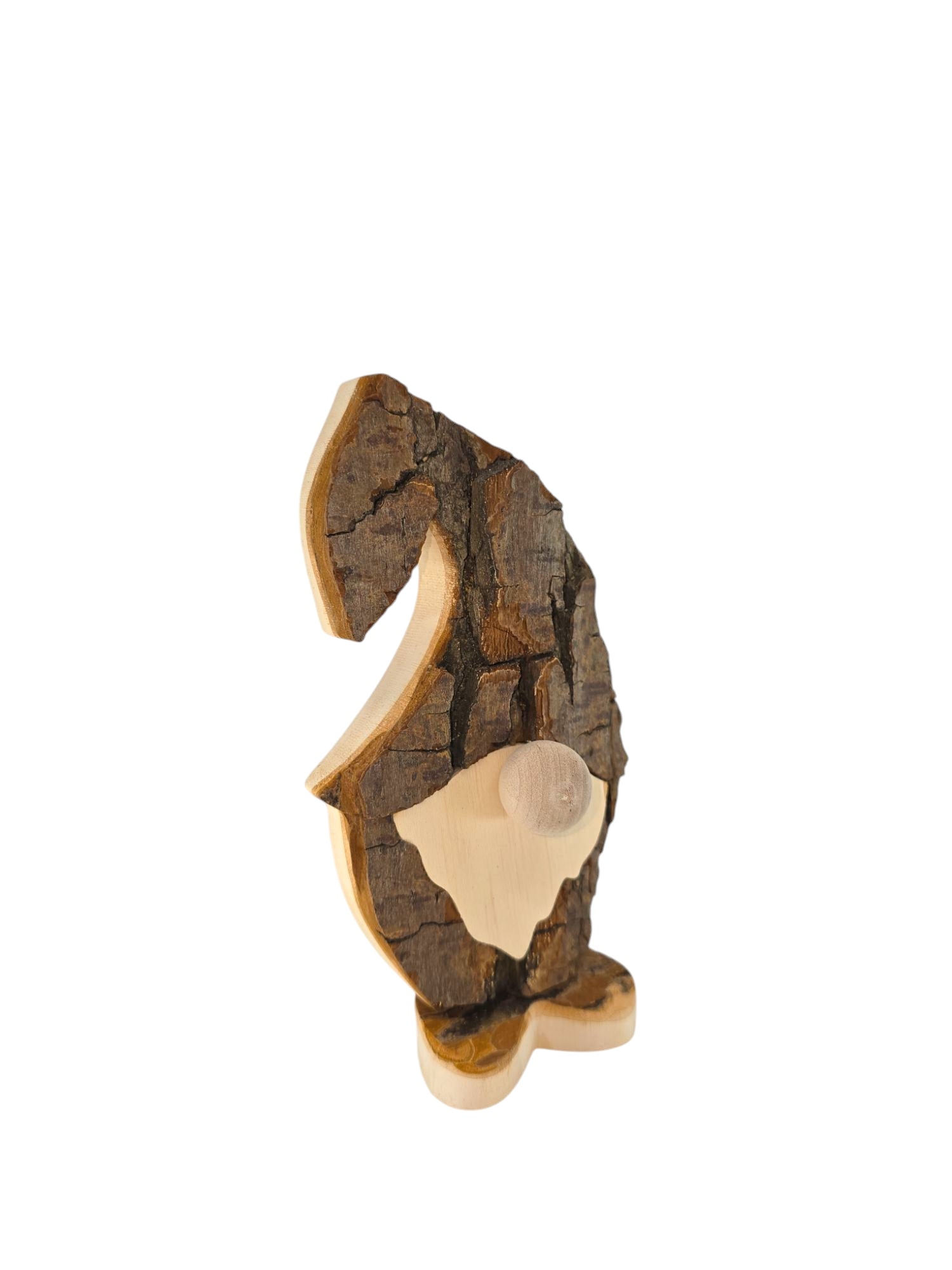 The product is a 6.25" tall Tomte standing figurine, crafted from bark with a small peg on its side, and photographed against a plain white background.
