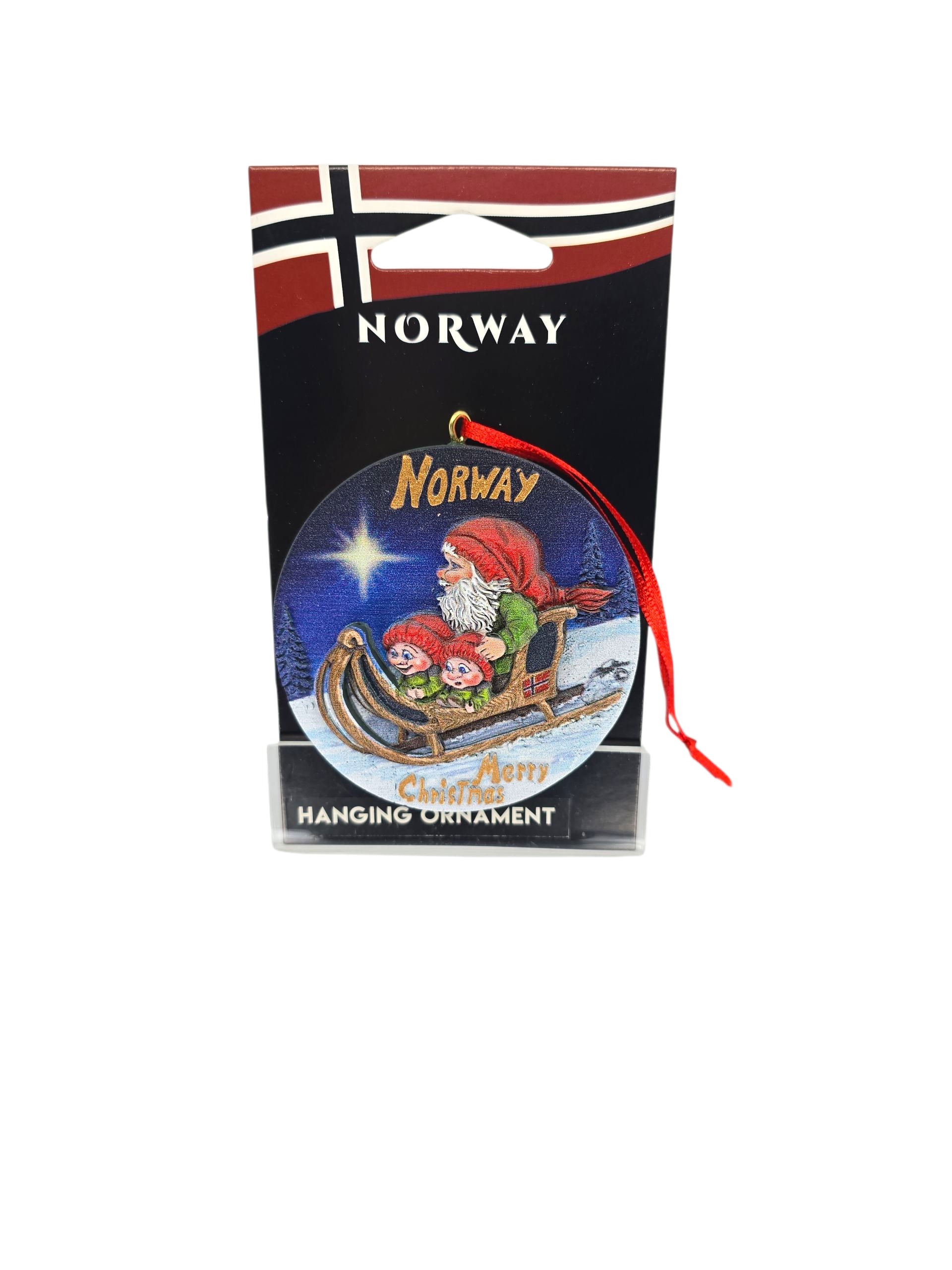 Add a festive touch with the “Norway” Santa with Elves on Sleigh 3D resin ornament (3" diameter), featuring Santa and elves in a sleigh, labeled Norway—a perfect Scandinavian Christmas decoration or collectible.