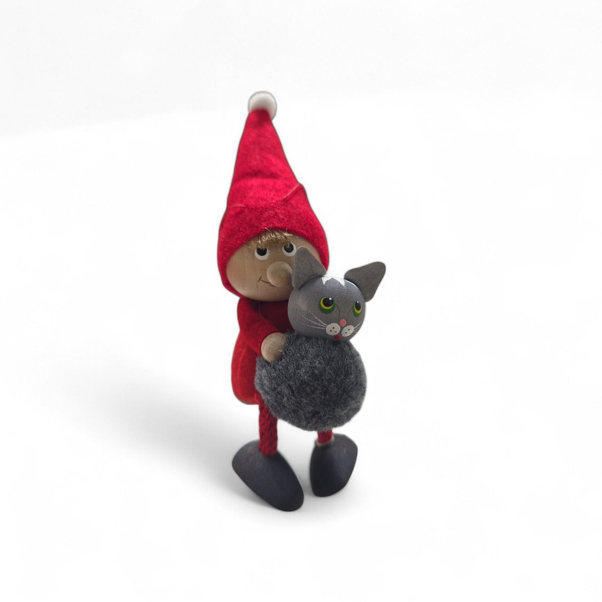 Figurine: Tomte Girl or Boy with Cat 4" Tall Seated Handcrafted in Scandinavia