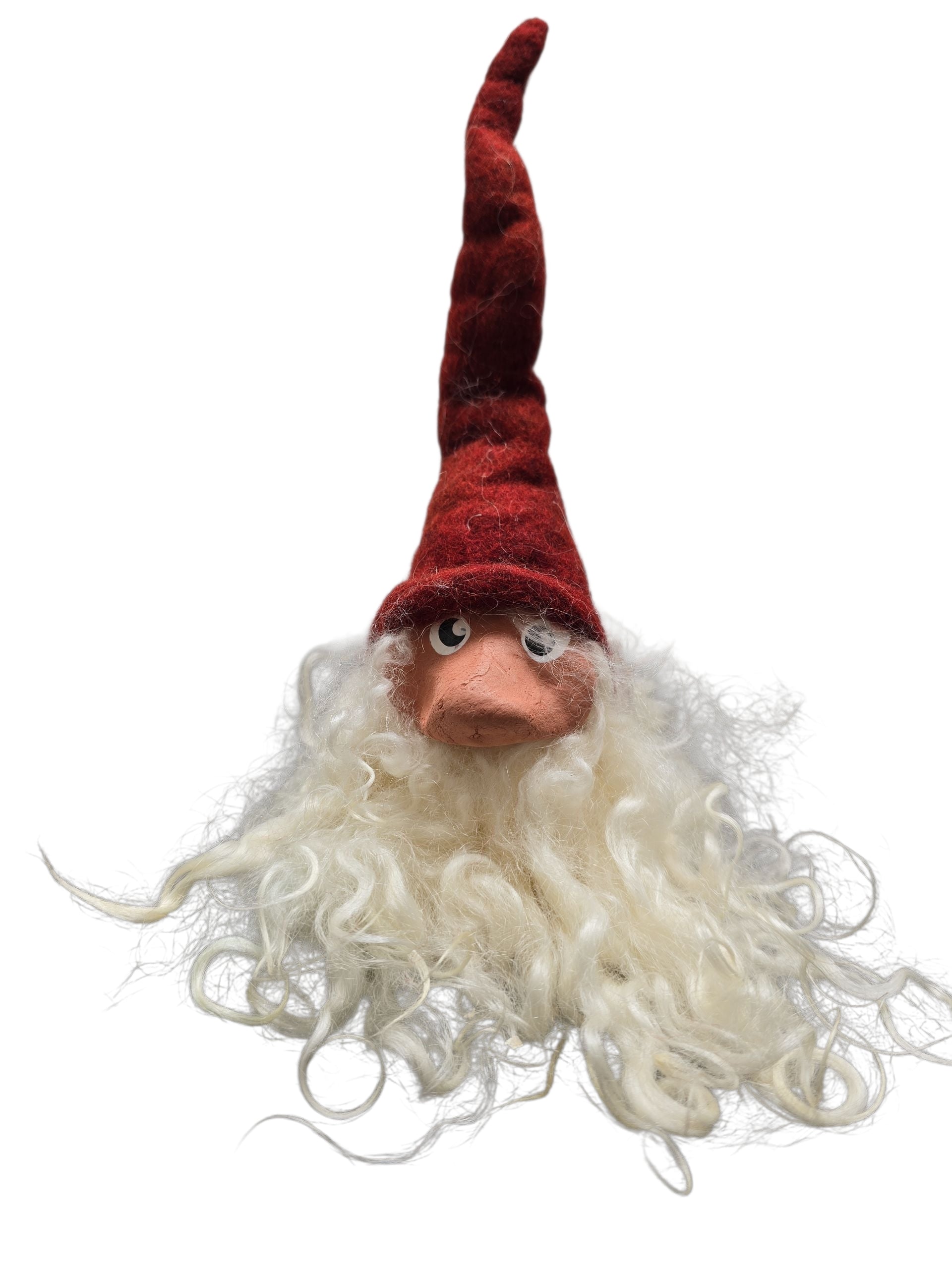 The Gnome: Shelf Tomten with Wool Felt Hat by Gumselids Hanverks Sweden is a 12" handmade figurine featuring a red wool felt hat, white curly beard, and round pink face, inspired by Swedish tradition; shown on a white background.