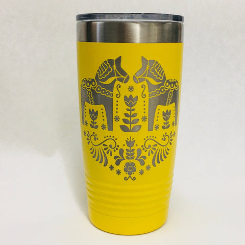 The 20 oz yellow stainless steel Polar Camel Tumbler features Swedish Dala horses with Kurbits, double-wall vacuum insulation, and a silver slide-shut lid.