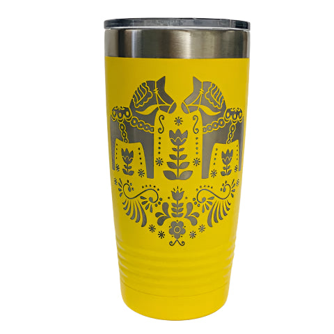 The 20 oz yellow stainless steel Polar Camel Tumbler features Swedish Dala horses with Kurbits, double-wall vacuum insulation, and a silver slide-shut lid.