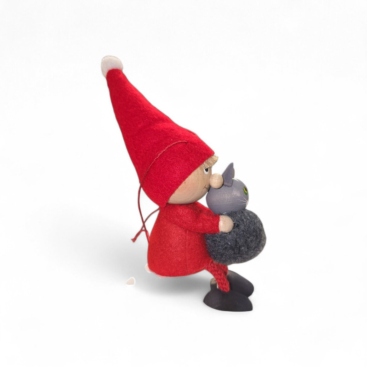 Figurine: Tomte Girl or Boy with Cat 4" Tall Seated Handcrafted in Scandinavia