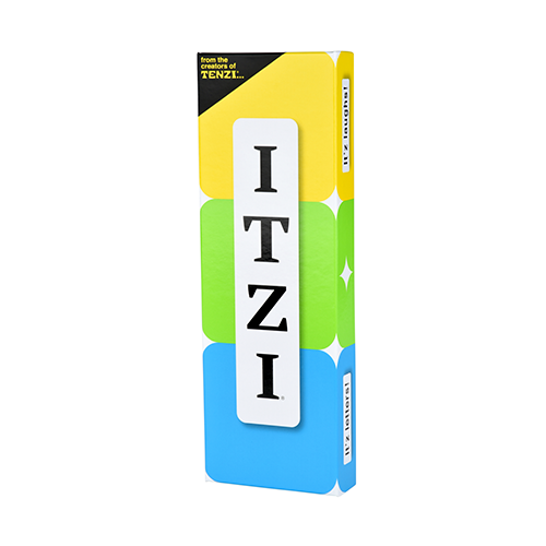 The packaging for the Game: ITZI showcases a colorful design with vibrant sections in green, yellow, and blue.