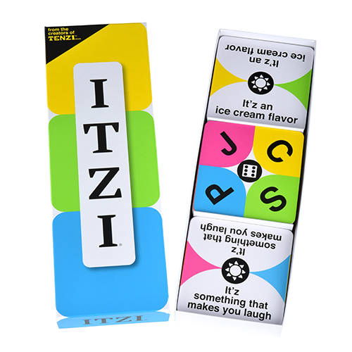 The box lid features the ITZI logo, and a top view of the open Game: ITZI box reveals a vibrant, fast-paced experience with colorful cards displaying prompts like an ice cream flavor and something that makes you laugh.