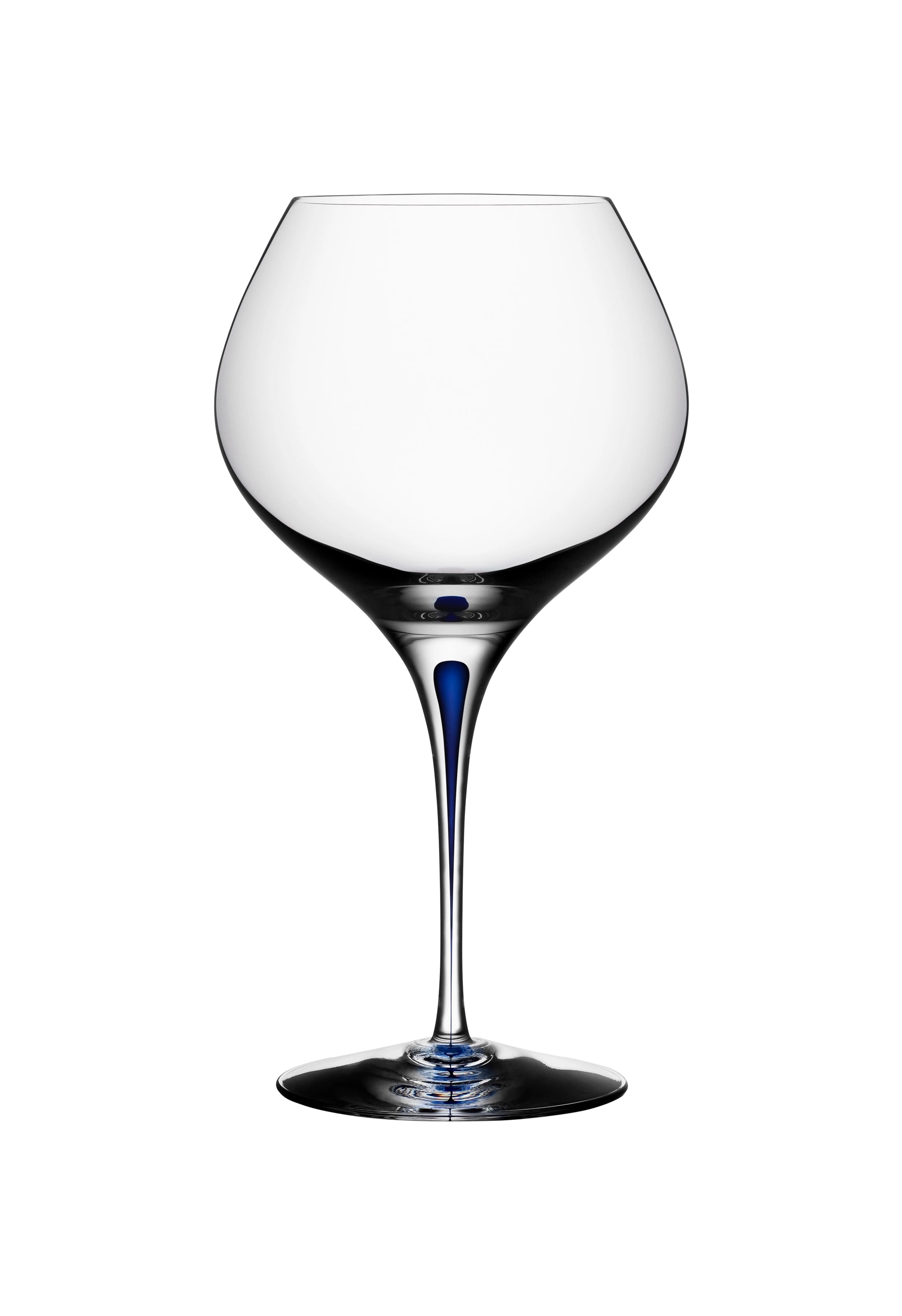 A 20oz Orrefors Intermezzo Blue Bouquet Glass with a clear bowl and blue stem, designed by Erika Lagerbielke, is photographed empty against a white background.