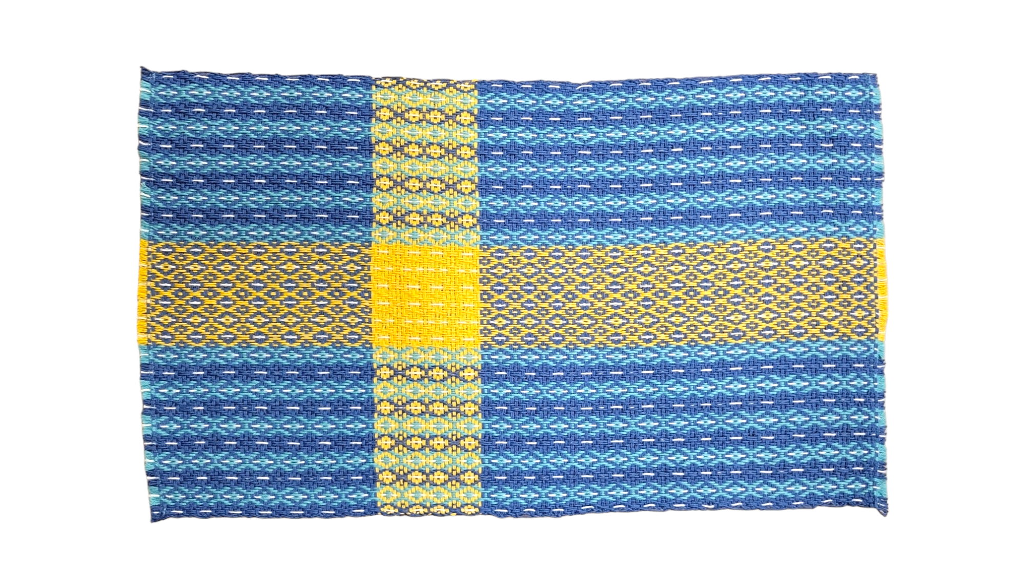 The Center Piece: Swedish Flag 11\x12\ Plus Fringe on Long Ends is a hand woven textile with a blue base, yellow cross pattern inspired by the Swedish flag, intricate geometric designs, and slightly uneven edges.