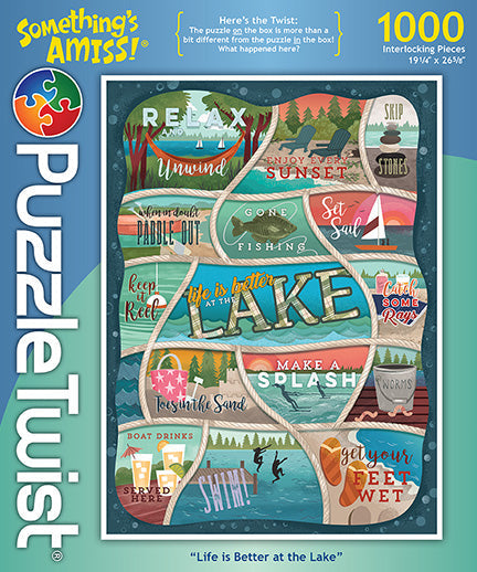 The PuzzleTwist: Life is Better at the Lake by Lindsay Nohl (1,000 pieces) features a colorful collage of lake-themed phrases and images, capturing summers essence, perfect for fans of Lake Life.
