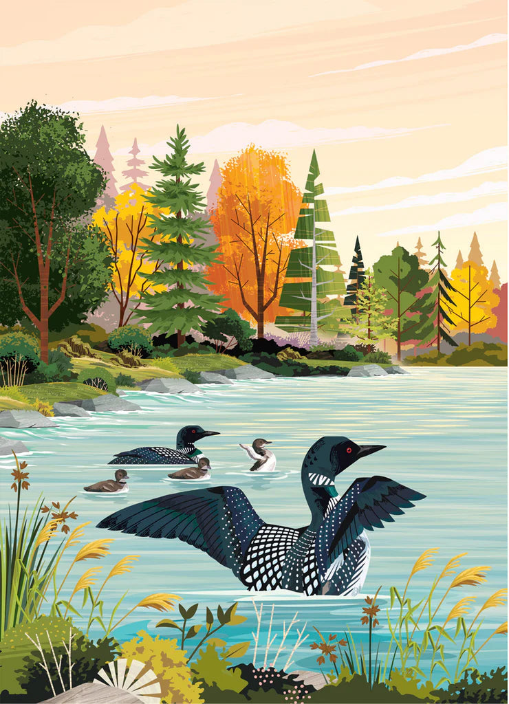 Illustration of a tranquil lake with four loons amid autumn trees and a partly cloudy sky—an ideal scene featured in PuzzleTwist: Loons on the Lake (1000 Pieces) jigsaw.