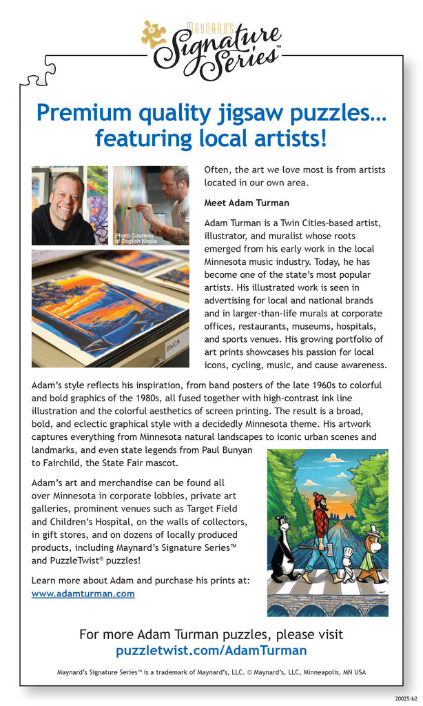 Check out the PuzzleTwist jigsaw puzzle featuring Adam Turmans Minnesota Abbey Road artwork! Discover his unique style, celebrating beloved landmarks and his commitment to art and community. (1,000 pieces).