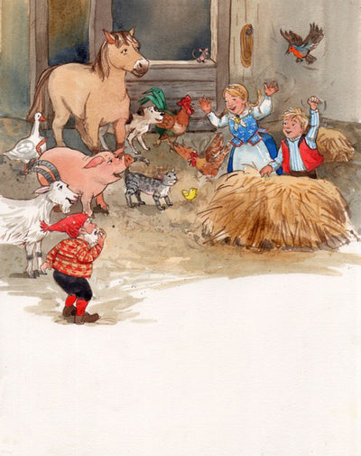 In Magic Hat by Donna Marie Seim, children celebrate with farm animals—a horse, pig, goat, and chickens—near a haystack. A child in red observes the scene under Nisse Nilss watchful eye as a bird flies nearby.