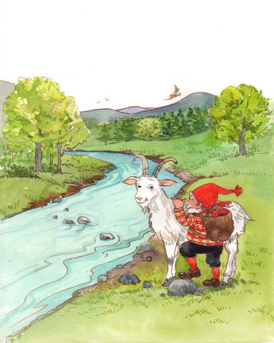 The book Magic Hat by Donna Marie Seim features an illustration of Nisse Nils, a charming gnome in a magic red hat, standing beside a white goat near a river, surrounded by trees and hills.