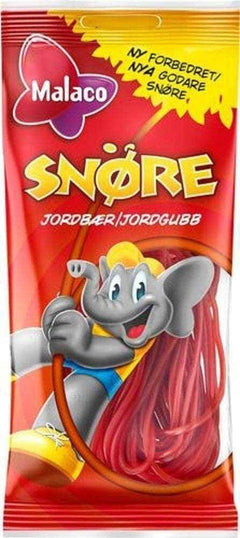 Malaco Snore Strawberry Licorice Laces (3.31 oz) by Cloetta Sweden features a cartoon elephant with red laces and Danish/Swedish text—a fun treat for Malaco fans.