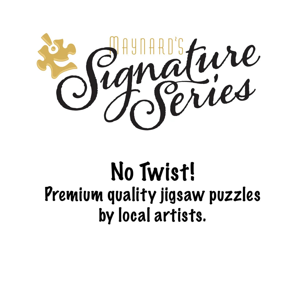 Maynards Signature Series logo above text reading “No Twist! Adam Turman puzzle by local artists.” Gold puzzle piece icon in the top left corner.