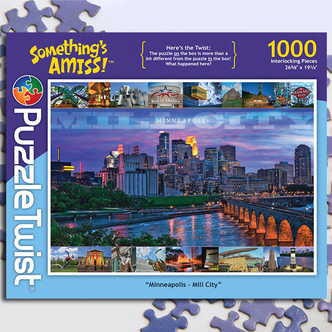 The PuzzleTwist Minneapolis Mill City features Dan Andersons photography, showcasing the Minneapolis skyline at sunset and the Stone Arch Bridge in a 1,000-piece puzzle celebrating iconic landmarks.