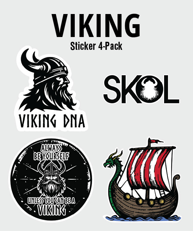 Get a 4-pack from the Nordic Theme Sticker Bundles—six fun Scandinavian themes to choose from, perfect for fans of Viking helmets, SKOL quotes, bearded Vikings, and classic striped-sail ships!.