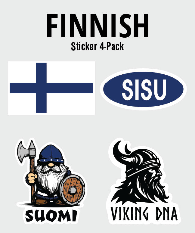 Nordic Theme Sticker Bundles – 4-Pack of Scandinavian Fun! Includes Finnish flag, SISU oval, cartoon Viking with SUOMI, and Viking head with VIKING DNA—perfect for fans of Nordic and Scandinavian sticker bundles. Six themes available!.
