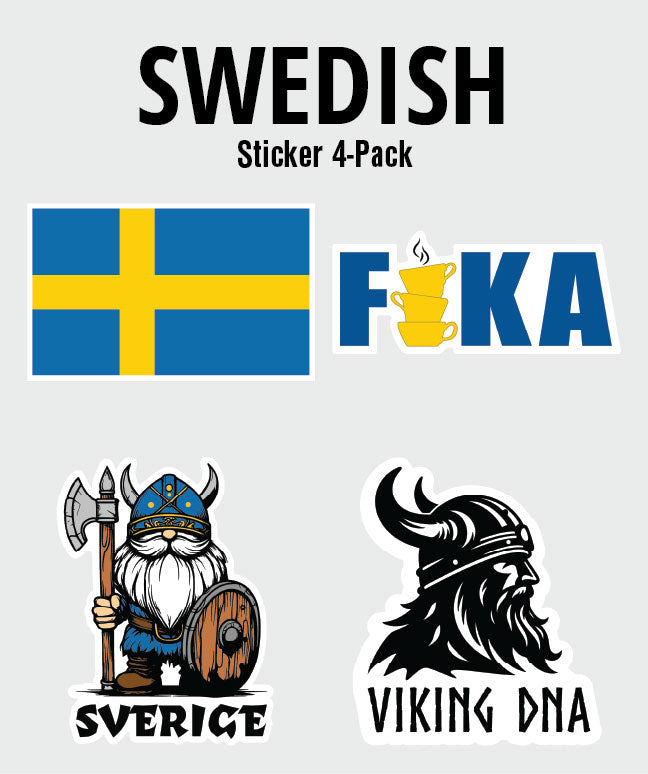 Discover our Nordic Theme Sticker Bundles – 4-Pack of Scandinavian Fun! Choose from six themes, including Swedish flag, FIKA coffee cups, SVERIGE Viking cartoon, and Viking head with VIKING DNA. Perfect for any sticker collection!.