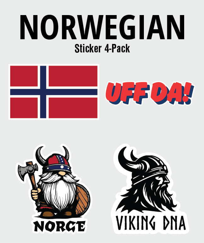 The Nordic Theme Sticker Bundles – 4-Pack of Scandinavian Fun! feature designs like the Norwegian flag, UFF DA!, a cartoon Viking, and VIKING DNA—perfect for fans, with six themes to choose from.